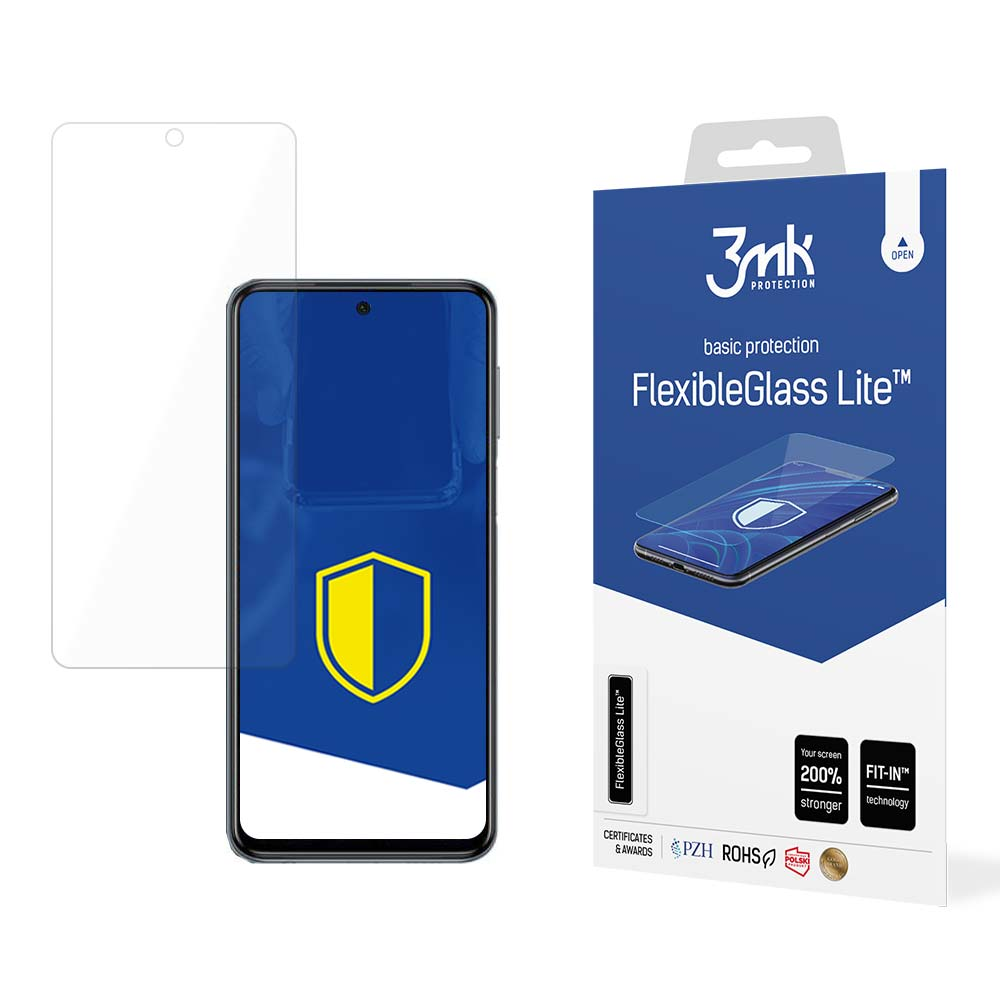 Un telefono e una protezione schermo sono esposti. Una scatola mostra l'immagine di un telefono con protezione. Marchi: '3mk' e 'FlexibleGlass Lite'.