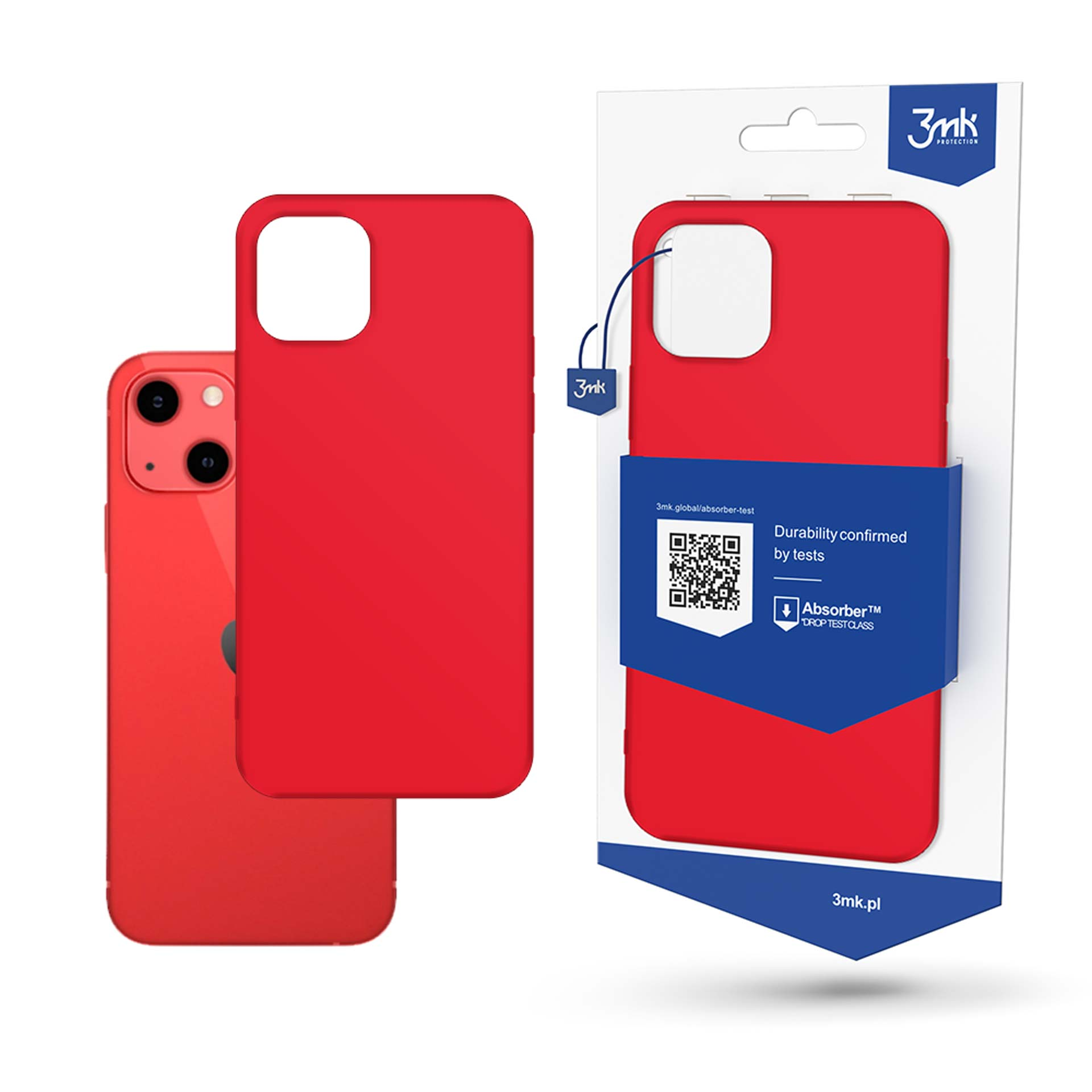 Czerwone etui na telefon obok telefonu i zapakowanego etui. Opakowanie pokazuje trwałość i logo marki.