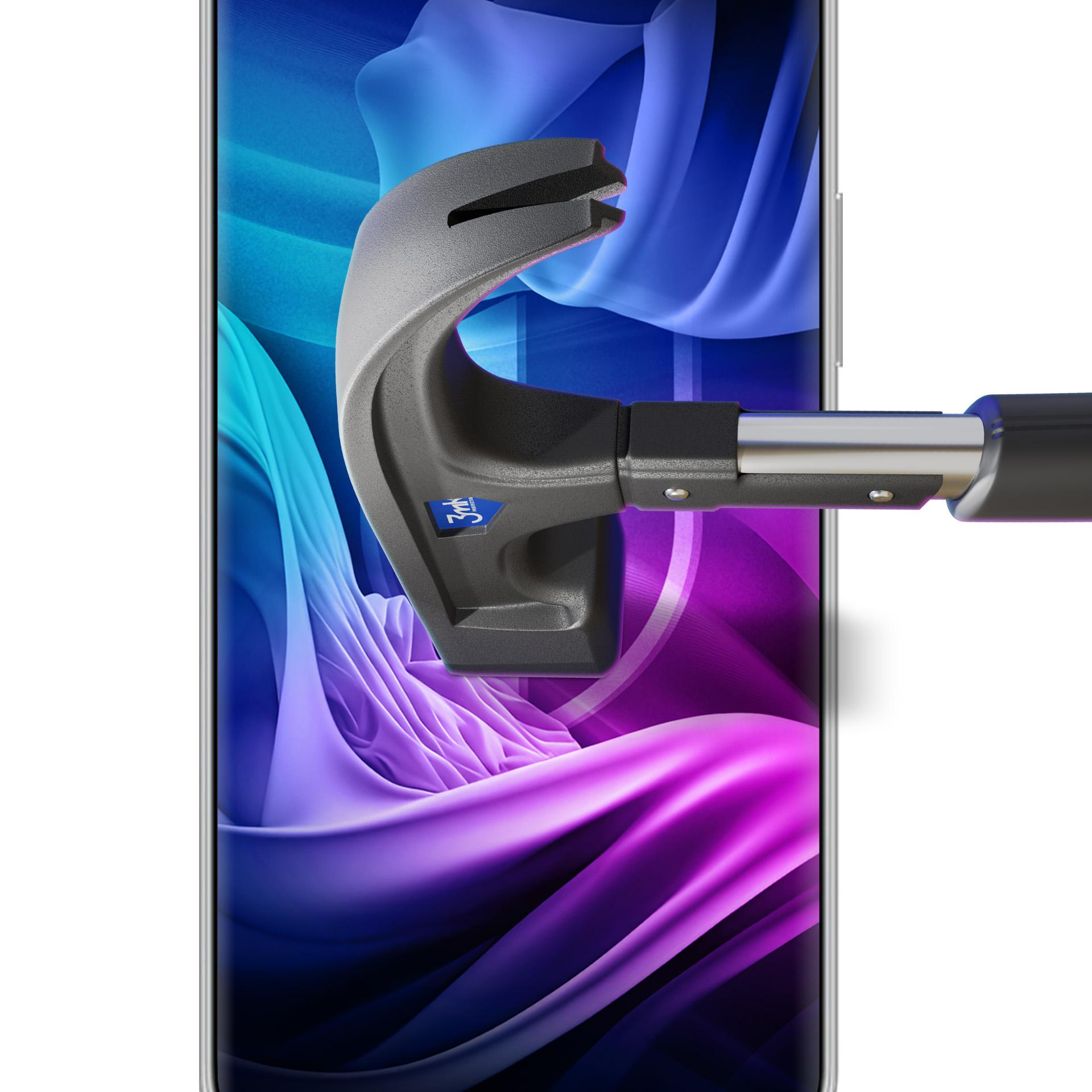 Lo schermo di un telefono viene testato con un martello. Lo schermo mostra un design colorato e ondulato. Il martello è grigio.