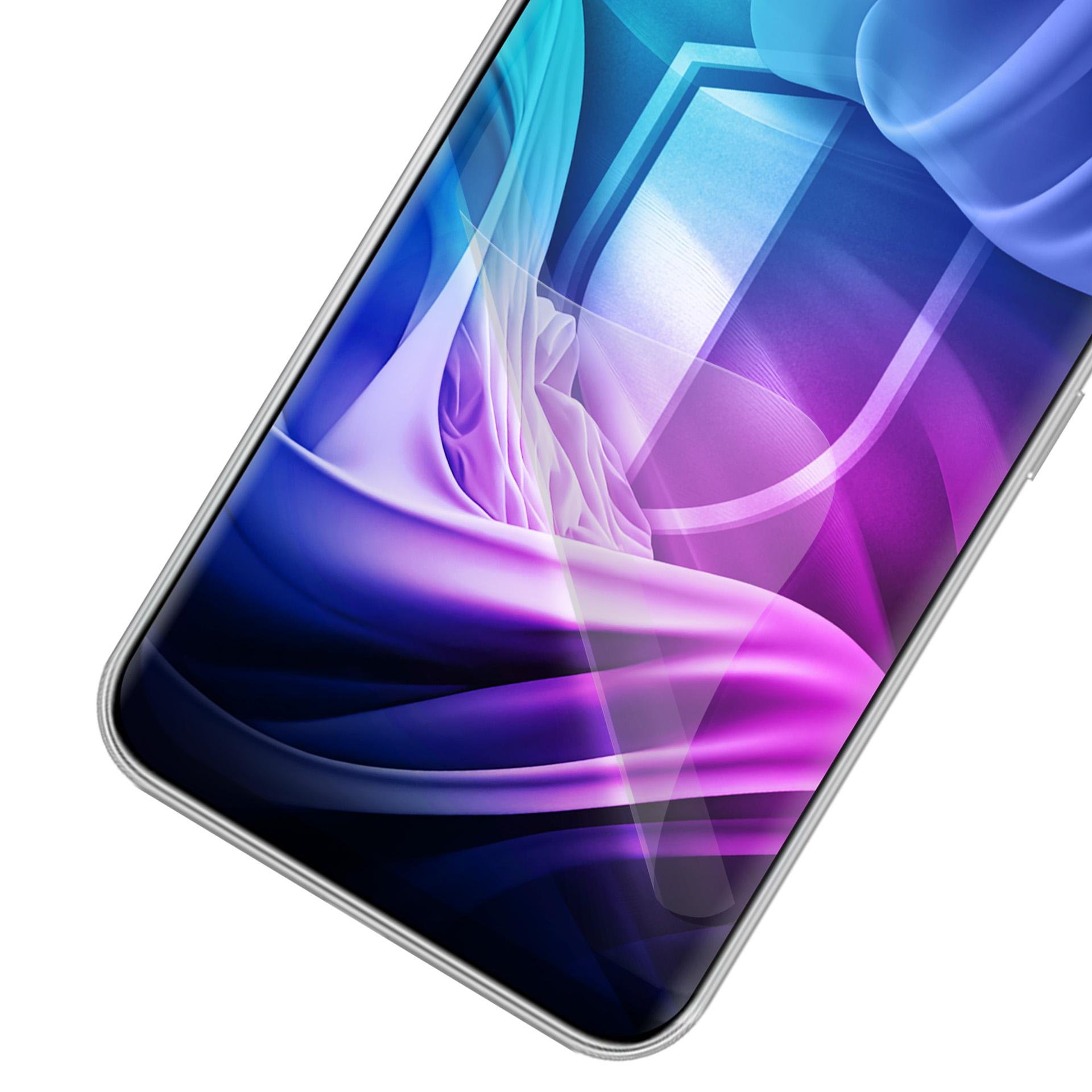 Uno smartphone con uno sfondo astratto colorato. Lo schermo mostra sfumature viola, blu e bianche.