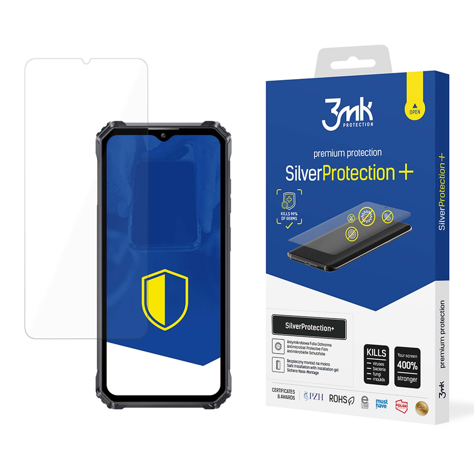 Un proteggi schermo per telefono con una scatola. La scatola ha 'Silver Protection+' sopra. La protezione è su un telefono nero.