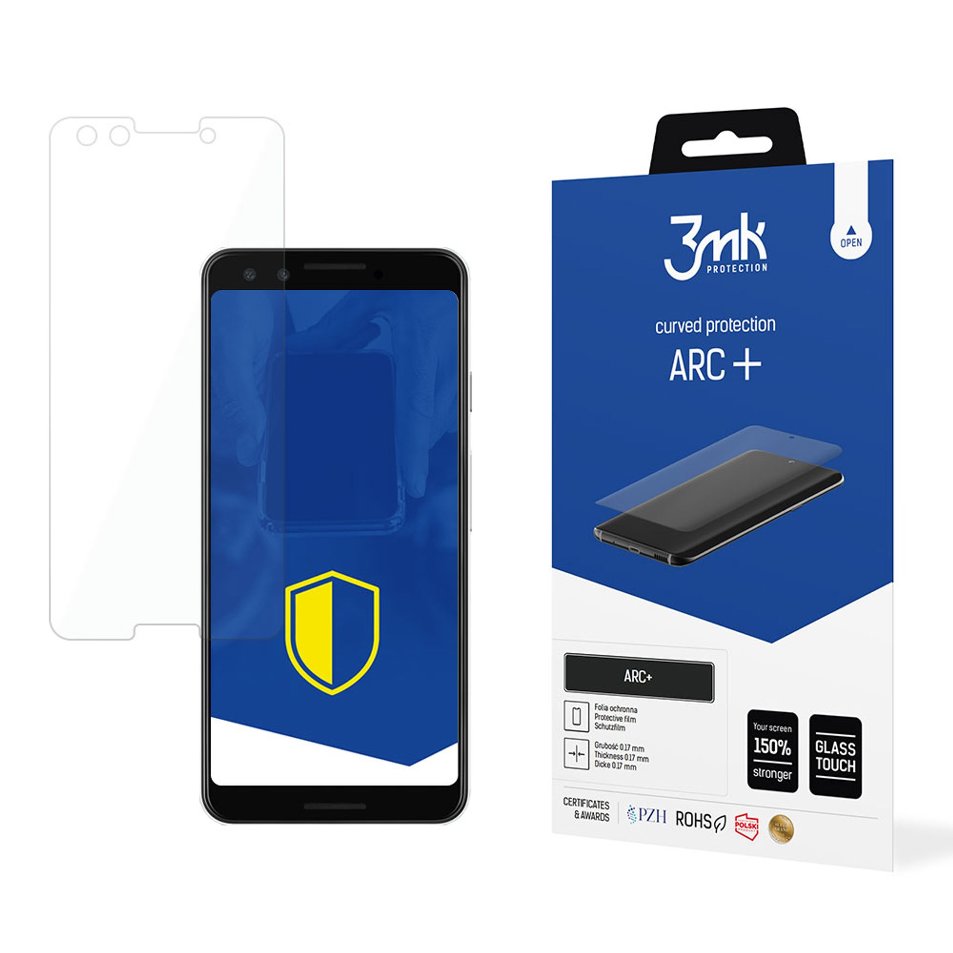 Un telefono con una protezione per lo schermo accanto alla sua confezione. La confezione è blu e bianca con il marchio 3mk.