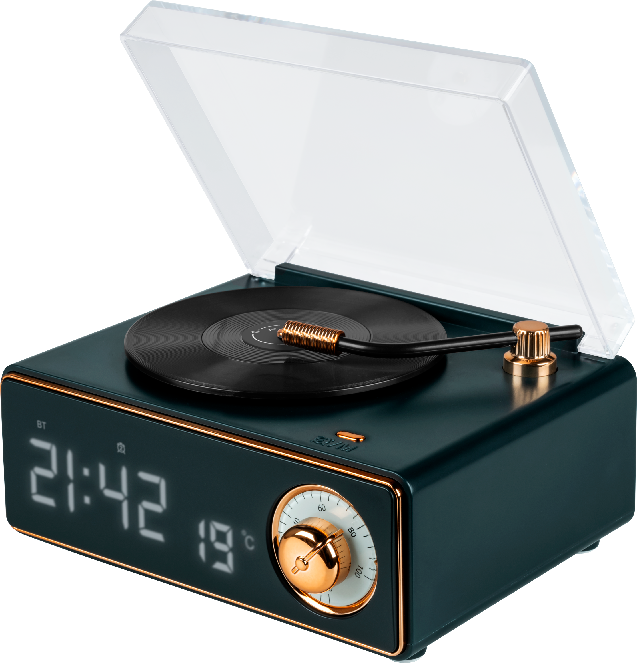 Une platine vinyle vert foncé avec un disque noir, une horloge numérique affichant 21h42 et des accents dorés.