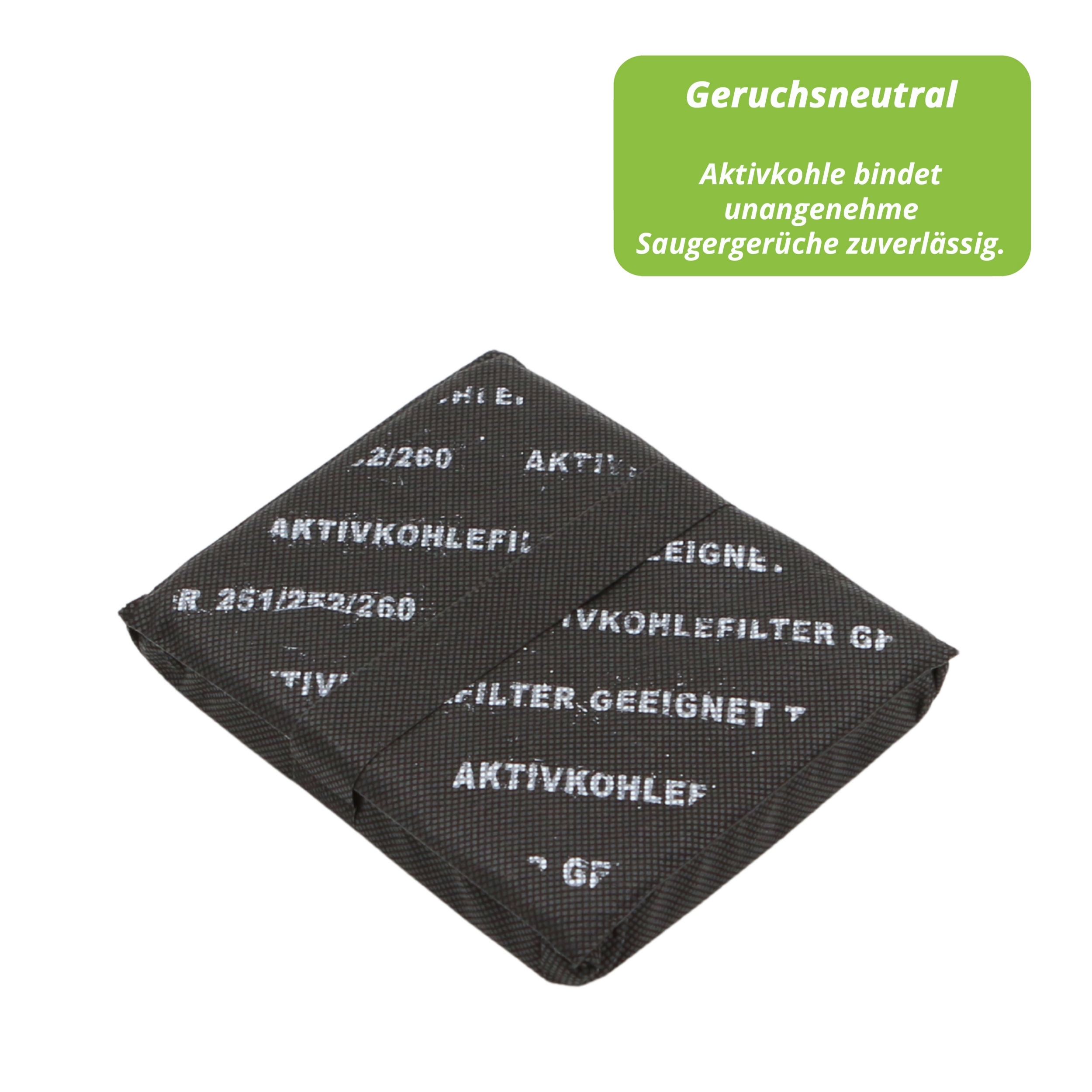 Ein dunkler Holzkohlefilter mit weißem Text. Oben befindet sich ein grünes Rechteck mit deutschem Text. Der Filter befindet sich auf weißem Hintergrund.