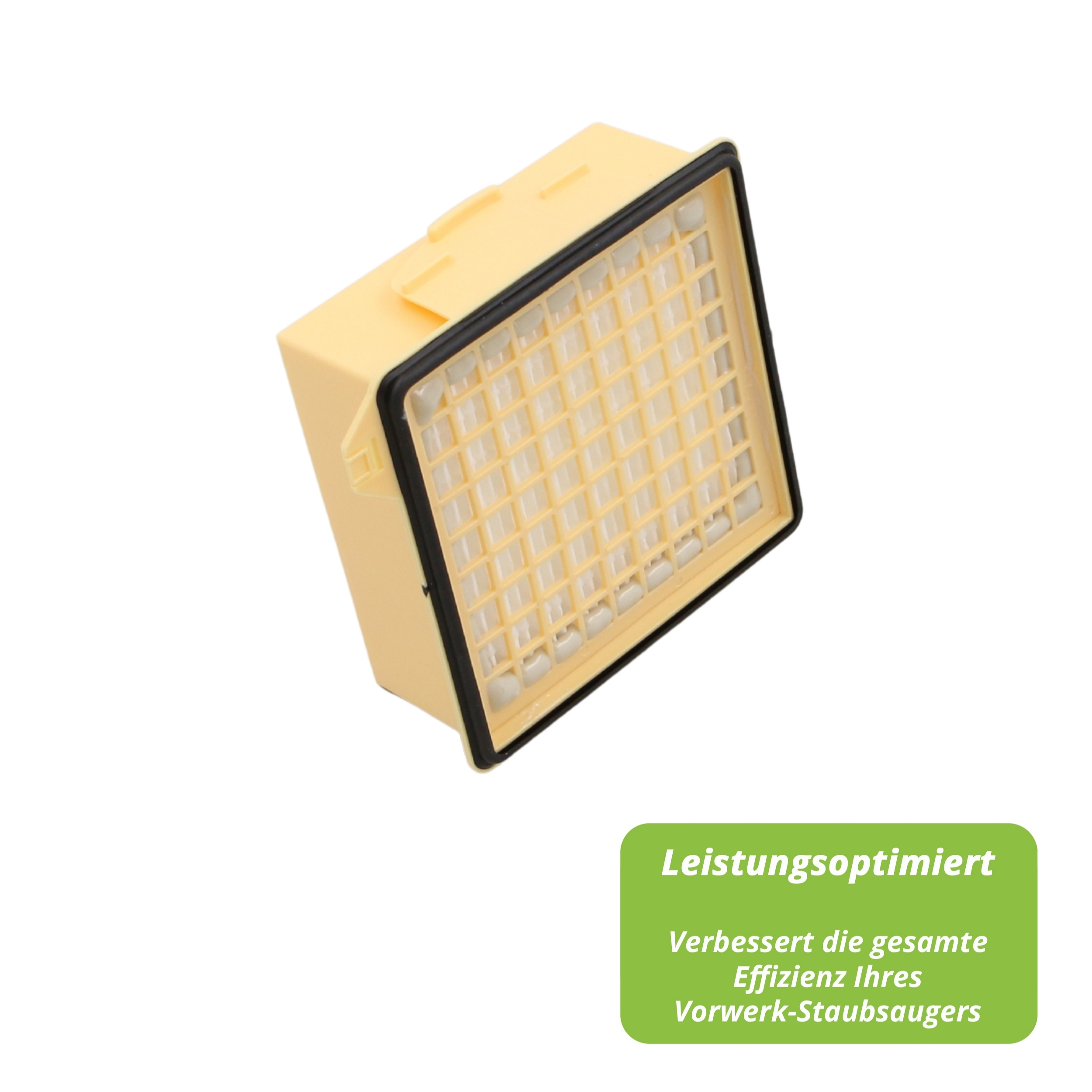 Ein beigefarbener Staubsaugerfilter mit schwarzem Rahmen. Eine grüne Box mit weißem Text befindet sich unten rechts.