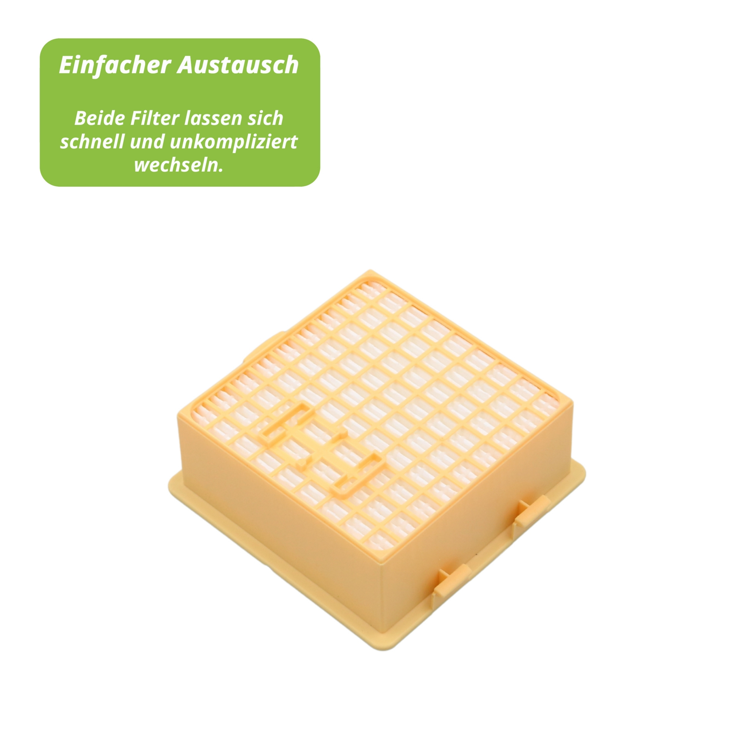 Ein beigefarbener Filter auf weißem Hintergrund. Es hat ein Rastermuster. Text links sagt: 'Einfacher Austausch'.