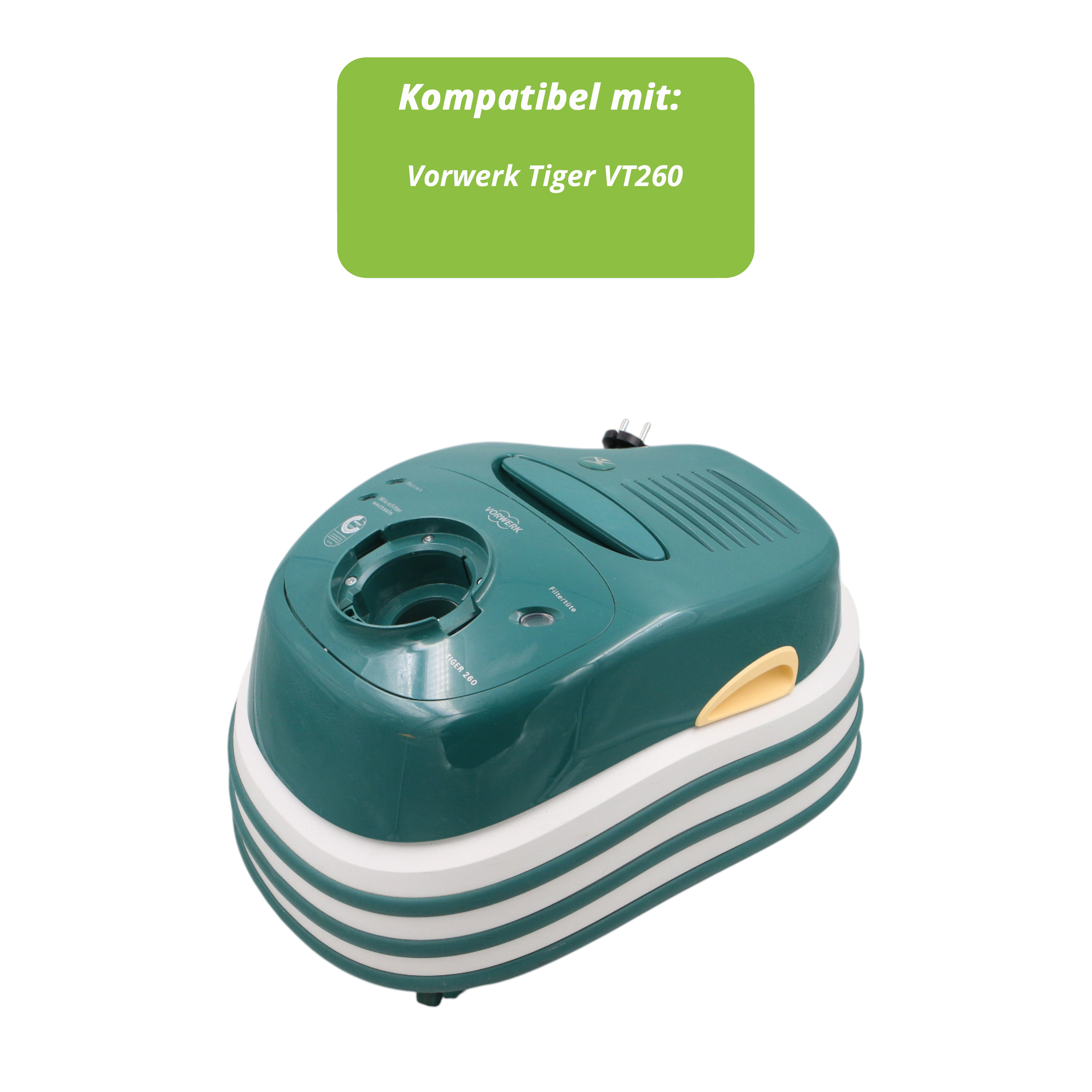 Ein grün-weißer Vorwerk Tiger VT260 Staubsauger. Er befindet sich auf weißem Hintergrund, mit einem grünen Rechteck darüber.