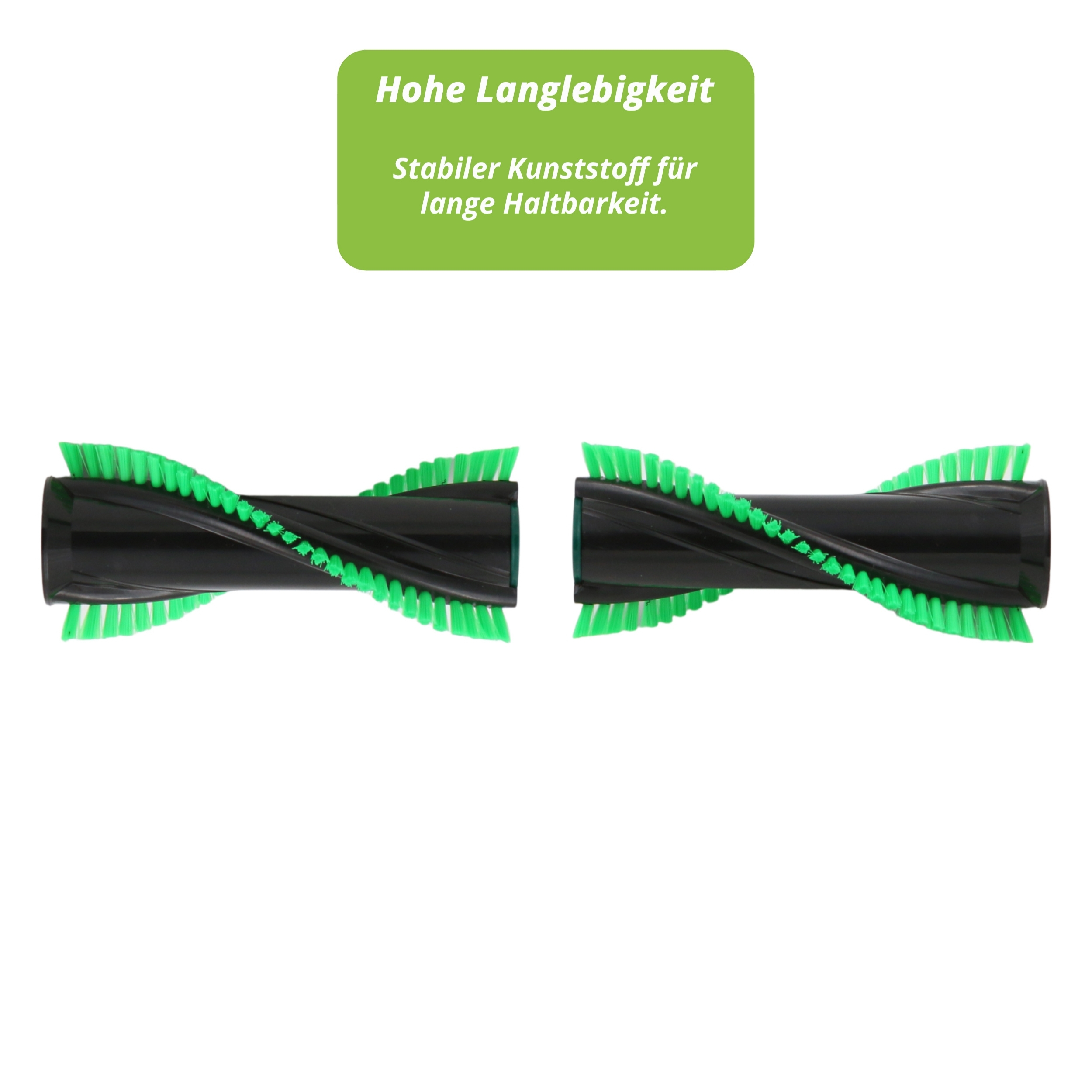 Zwei schwarze Bürstenwalzen mit grünen Borsten. Oben befindet sich ein grünes Banner mit deutschem Text.