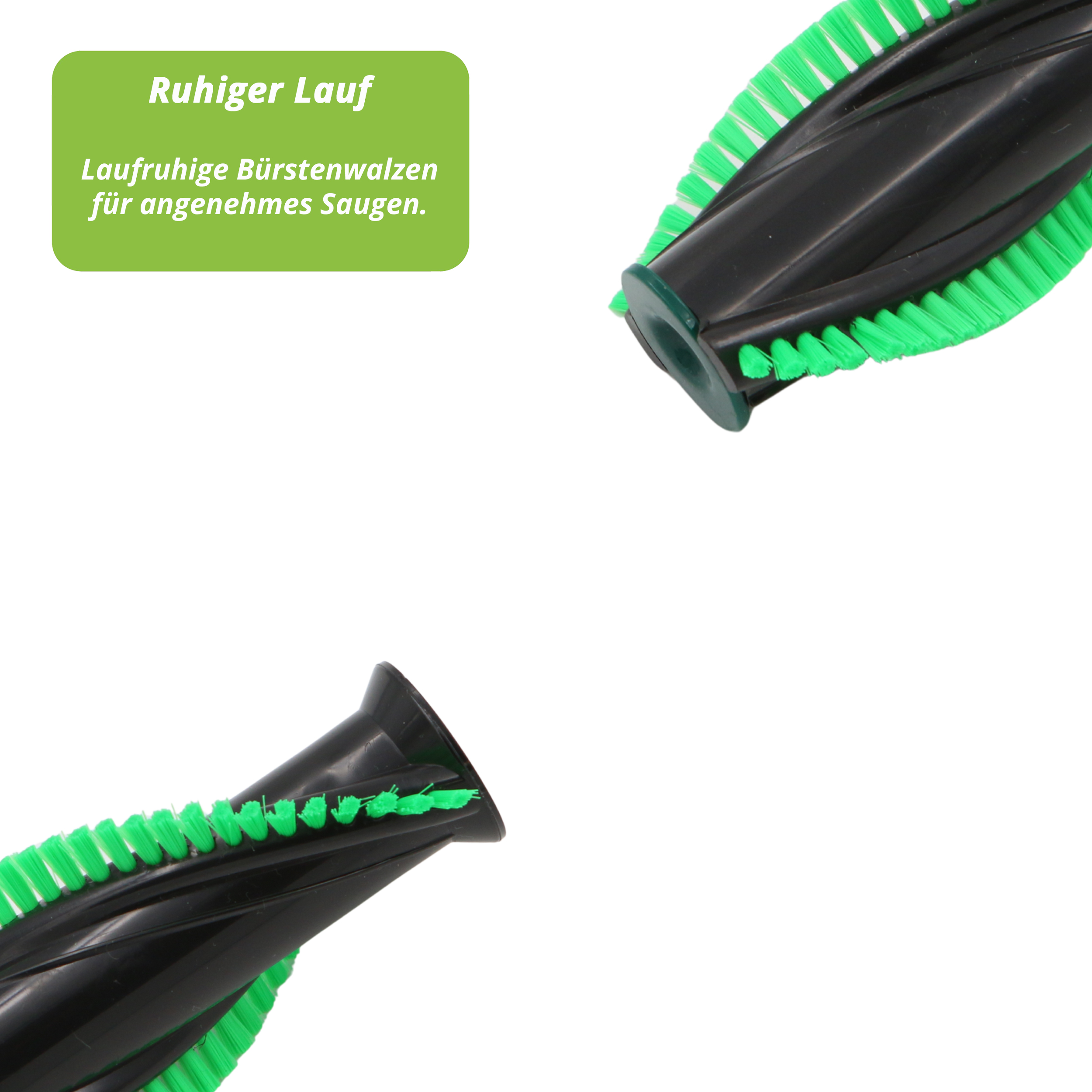 Schwarze Bürstenköpfe für Staubsauger mit grünen Borsten. Text: Ruhiger Lauf, sanfte Bürstenrollen für angenehmes Saugen.