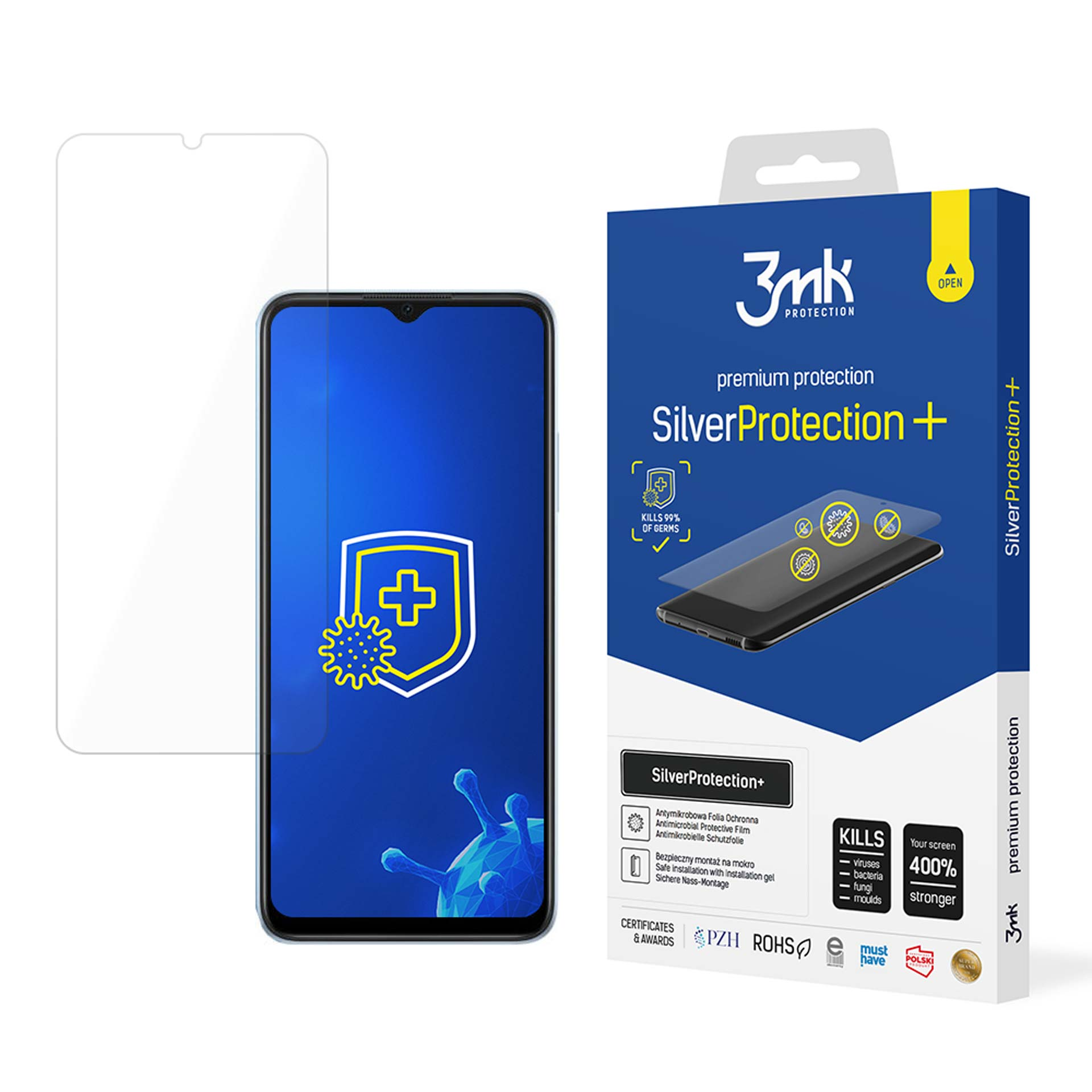 Un telefono con una protezione per lo schermo e una scatola dello stesso protettore con il marchio '3mk SilverProtection+'.