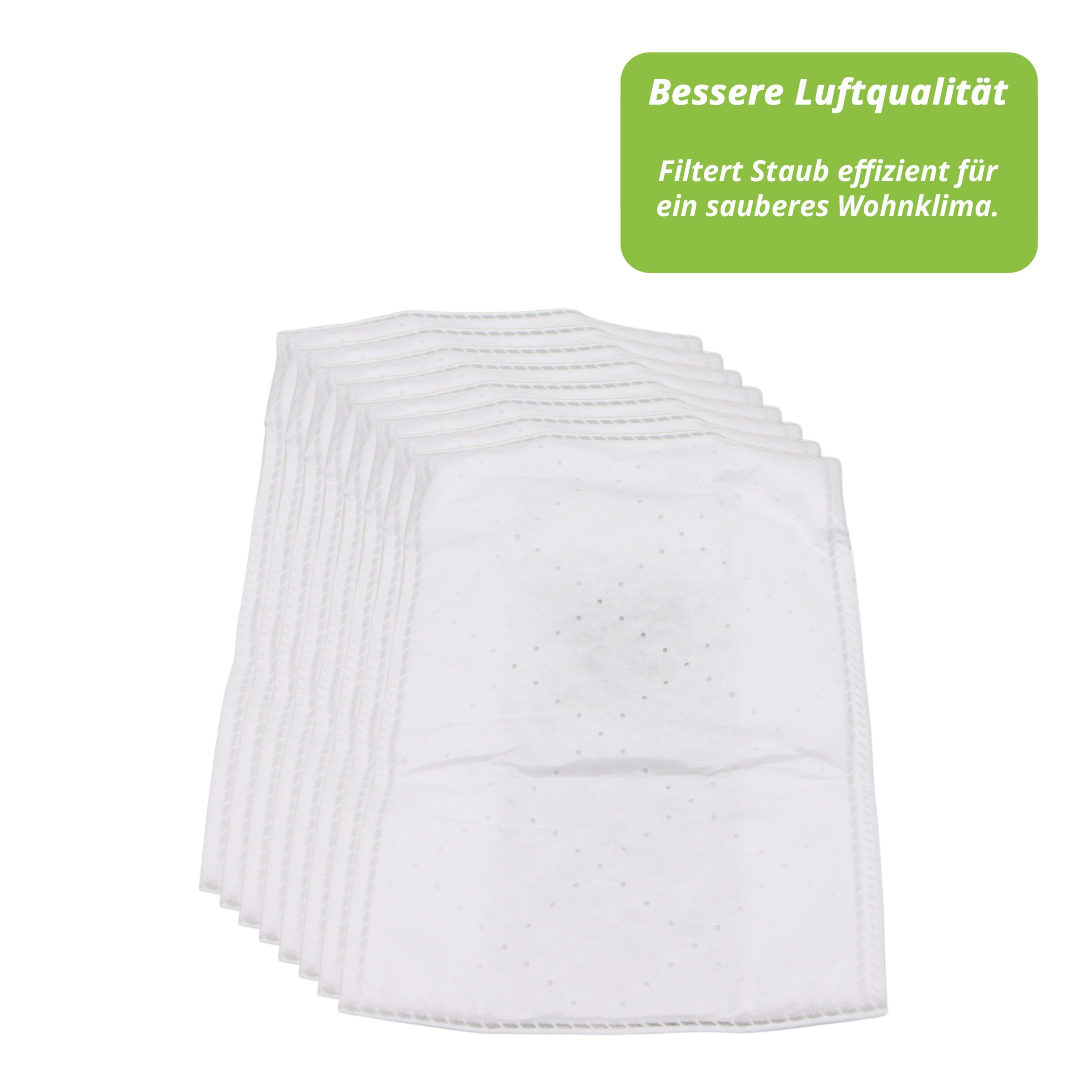 Stapel weißer Luftfilter mit einem grünen Rechteck oben mit Text zur Luftqualität.