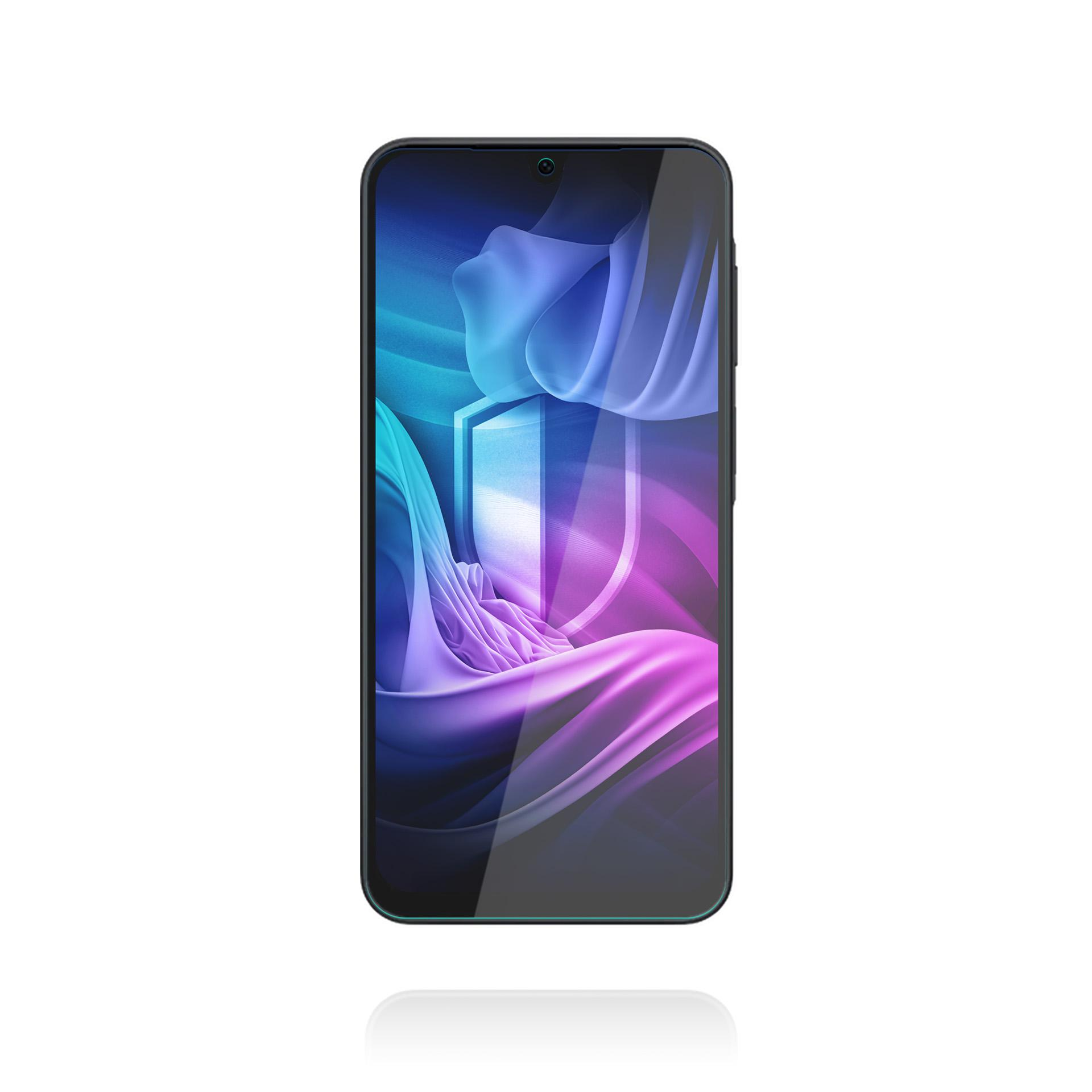Uno smartphone con schermo che mostra un design astratto blu e viola, su sfondo bianco.