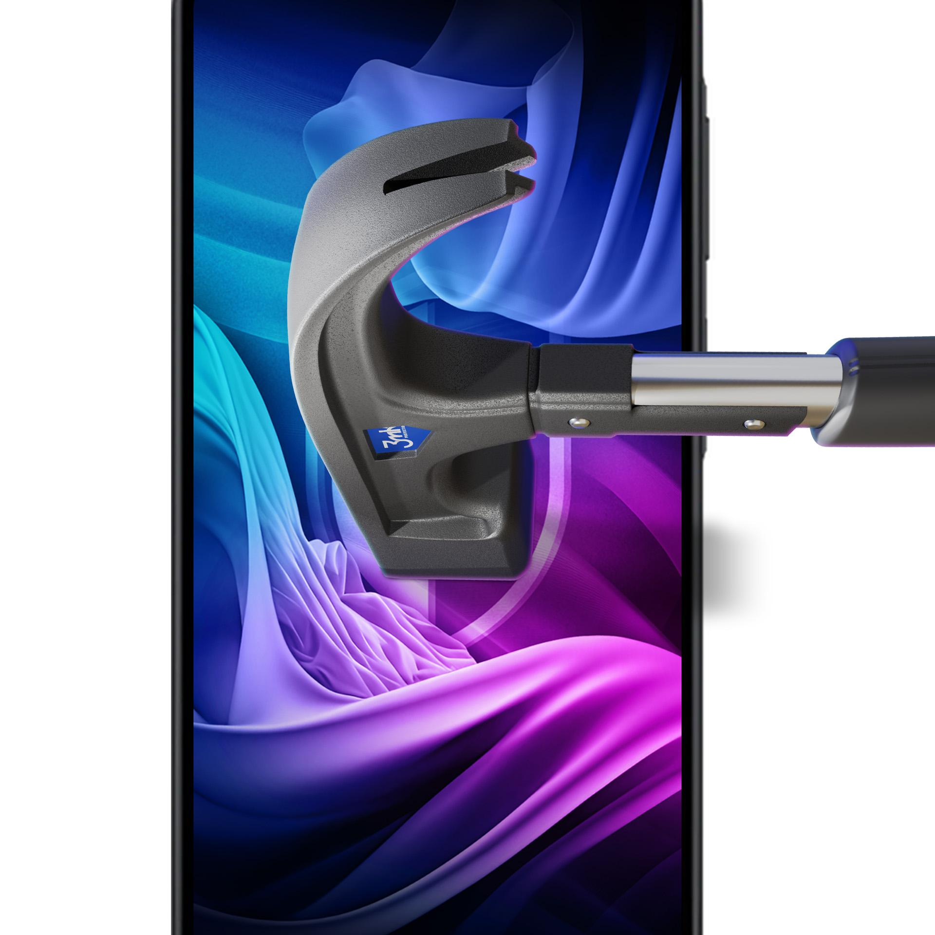 Uno schermo del telefono viene colpito con un martello. Lo schermo mostra forme astratte viola e blu.