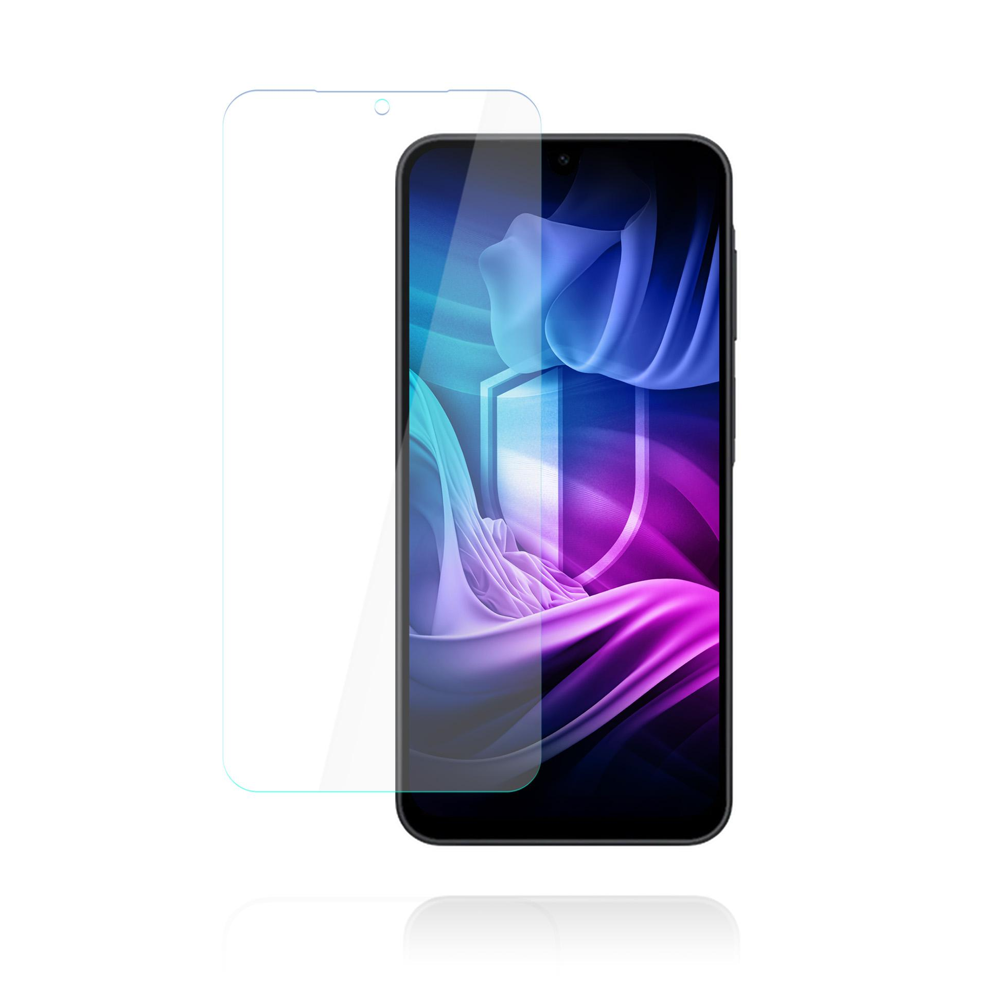 Uno smartphone con protezione schermo. Lo schermo mostra un design astratto viola e blu. La protezione è a sinistra.