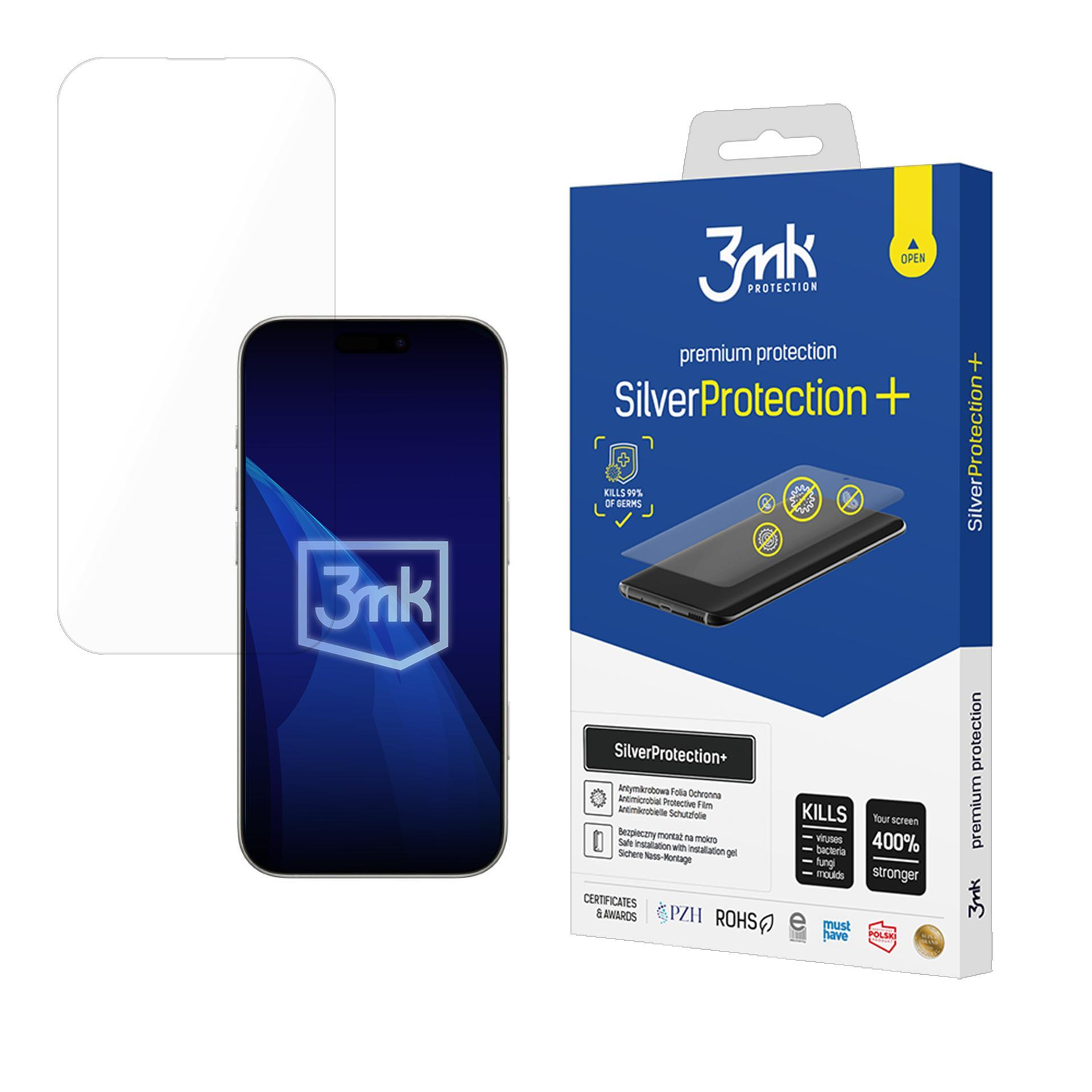 Pudełko na osłonę ekranu telefonu. Widnieje na nim napis SilverProtection+ i 3mk.