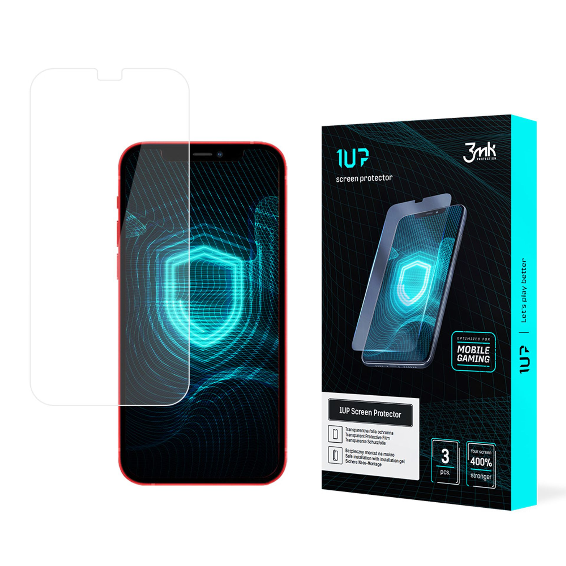 Un proteggi schermo per telefono con un telefono e la sua scatola. La scatola ha il marchio 1UP e 3mk.