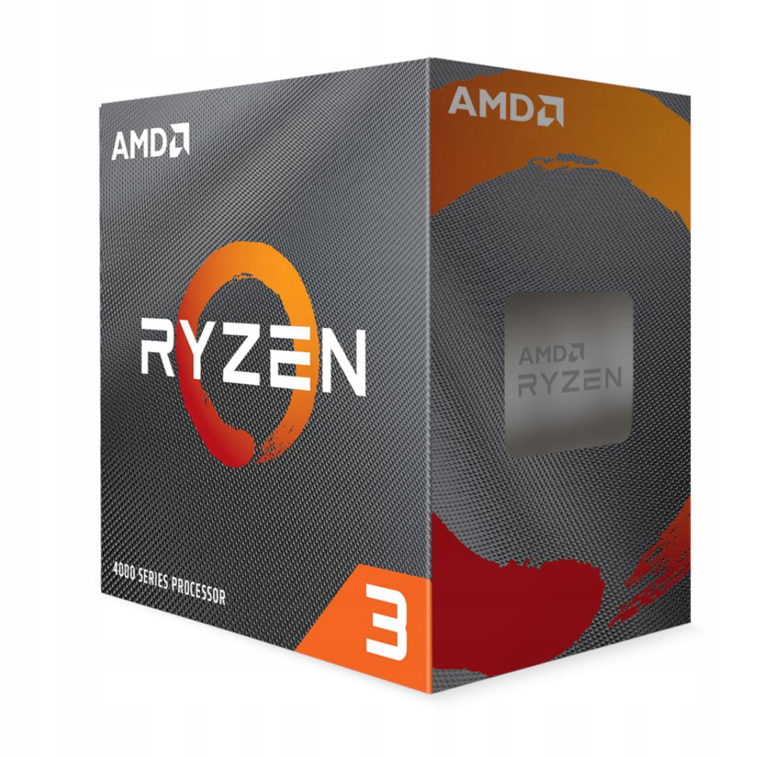 Pudełko procesora AMD Ryzen 3. Pomarańczowe logo Ryzen i cyfra 3. Szare tło z logo AMD.