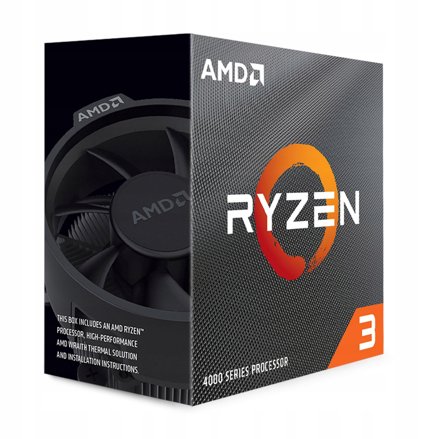Pudełko z procesorem AMD Ryzen 3. Zawiera logo AMD, logo Ryzen z pomarańczowym okręgiem i etykietę procesora serii 4000.