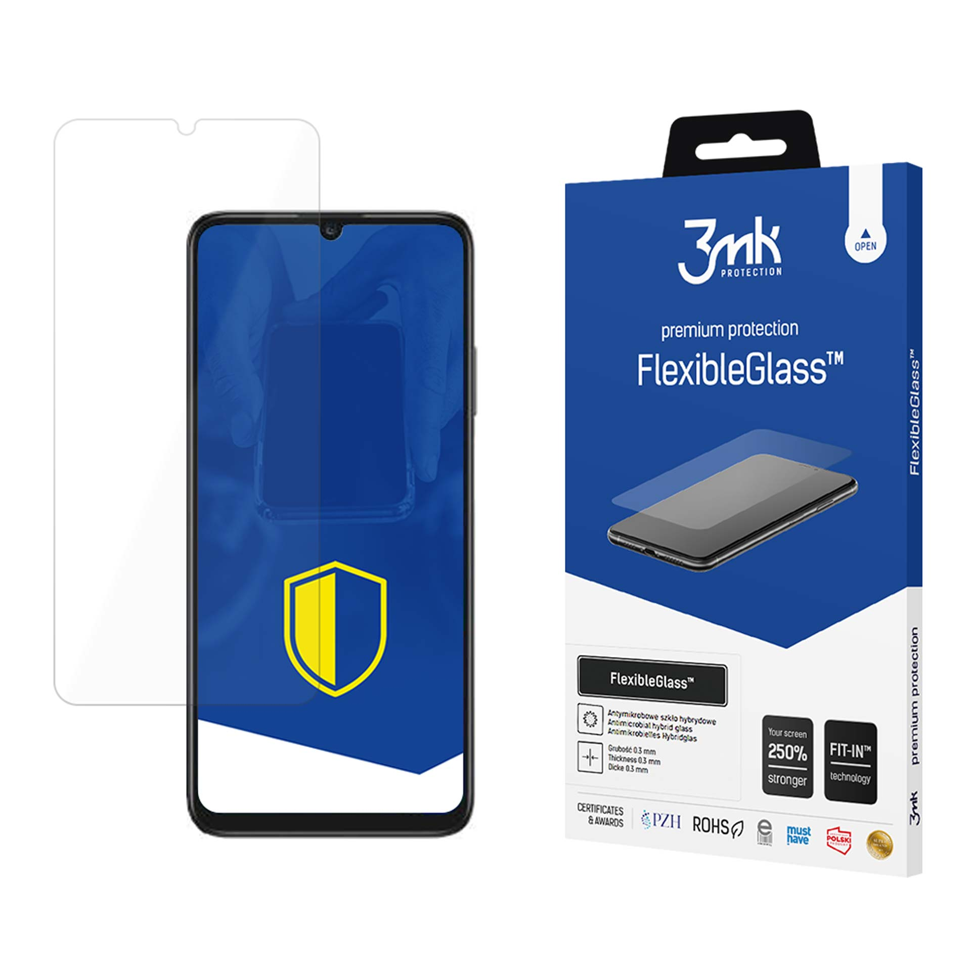 Un proteggi schermo e una scatola. La scatola ha il marchio 3mk e FlexibleGlass. Il proteggi schermo è su un telefono.