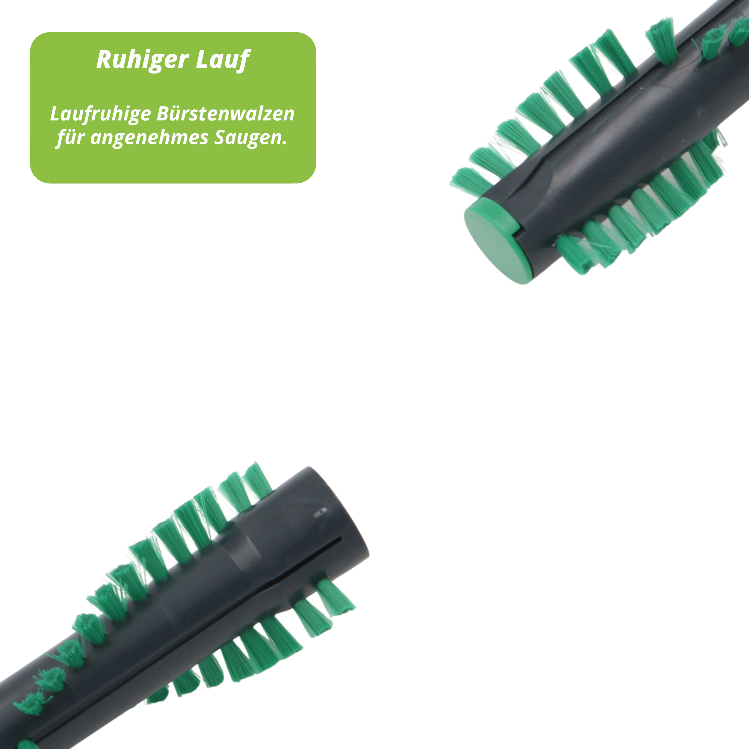 Das Bild zeigt Teile einer Staubsaugerbürste. Sie hat grüne Borsten und einen dunkelgrauen Körper. Der Hintergrund ist weiß.
