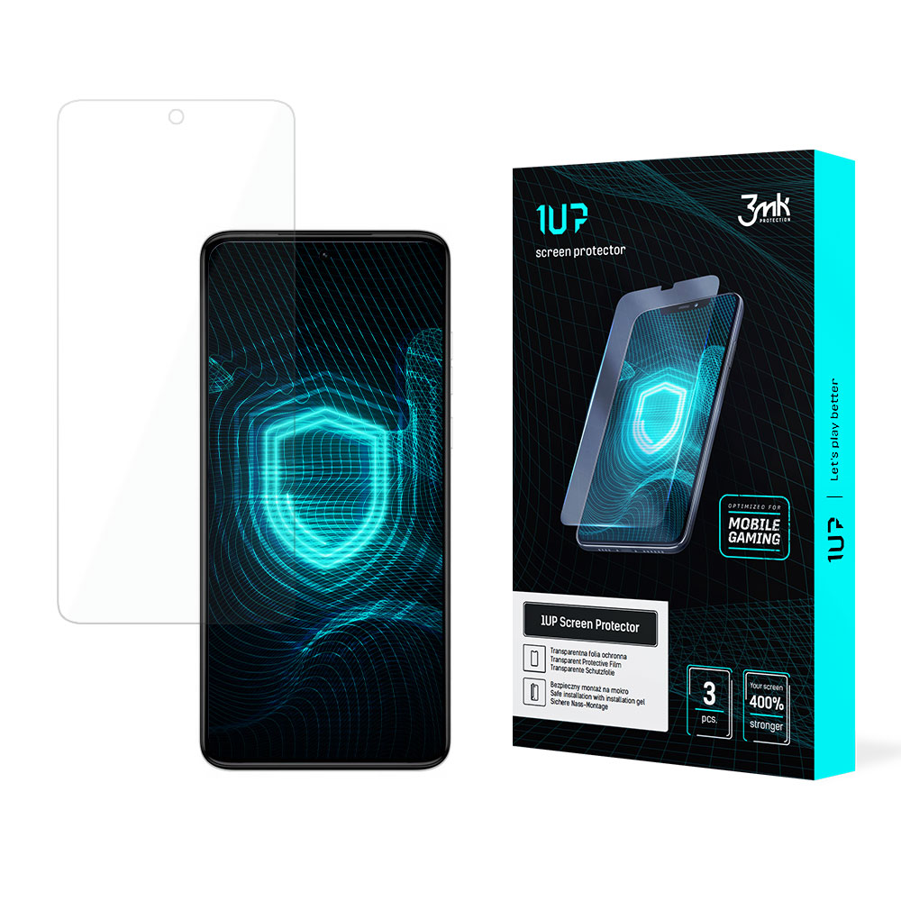 Un kit di protezione dello schermo del telefono. Include una protezione dello schermo, un telefono con un design a scudo e una scatola del prodotto con marchio.