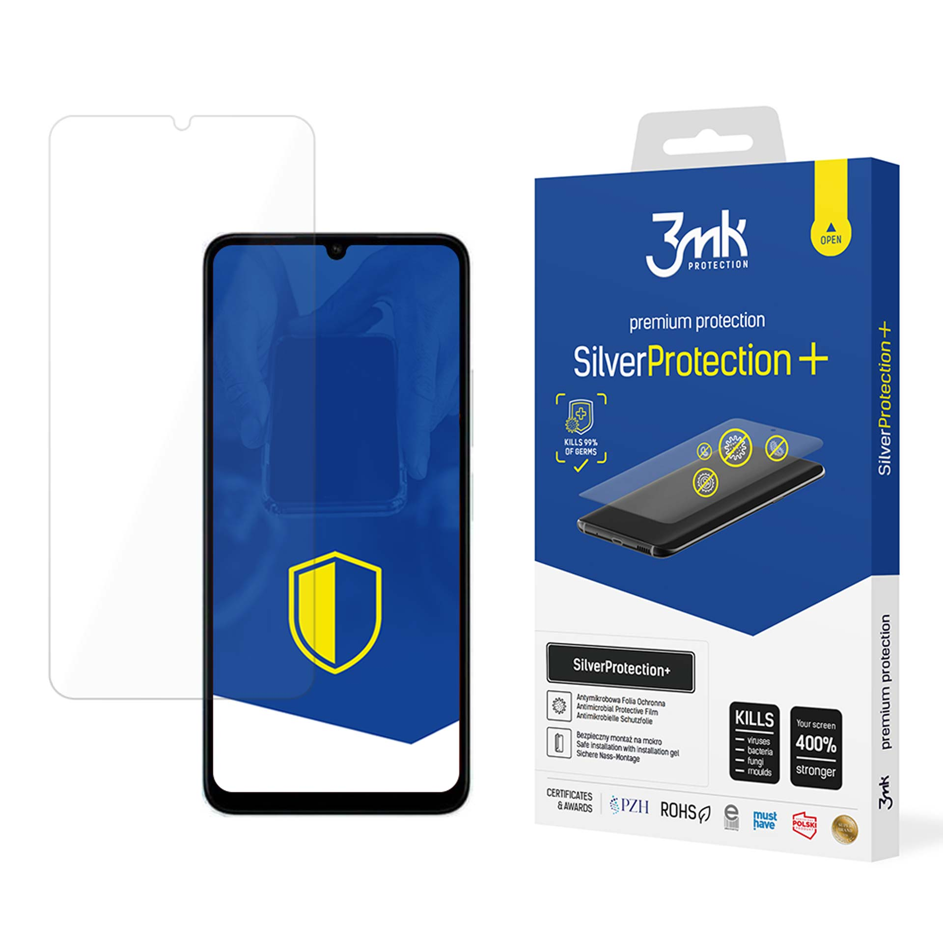 Una scatola di protezione per lo schermo del telefono. La scatola ha il telefono e la protezione. Testo: SilverProtection+, uccide il 99% dei germi.