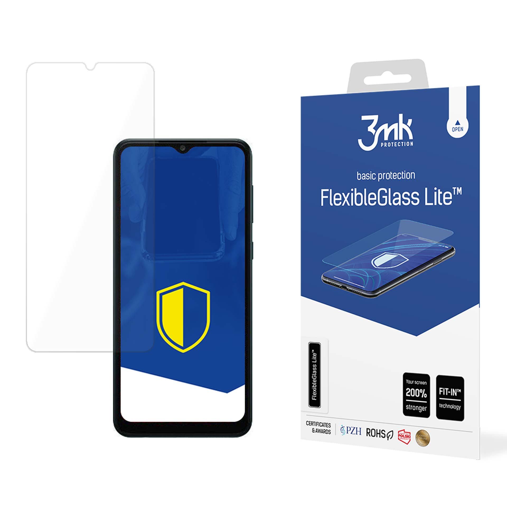 Un telefono con una protezione per lo schermo, una protezione per lo schermo e una scatola di FlexibleGlass Lite. La scatola è blu e bianca.