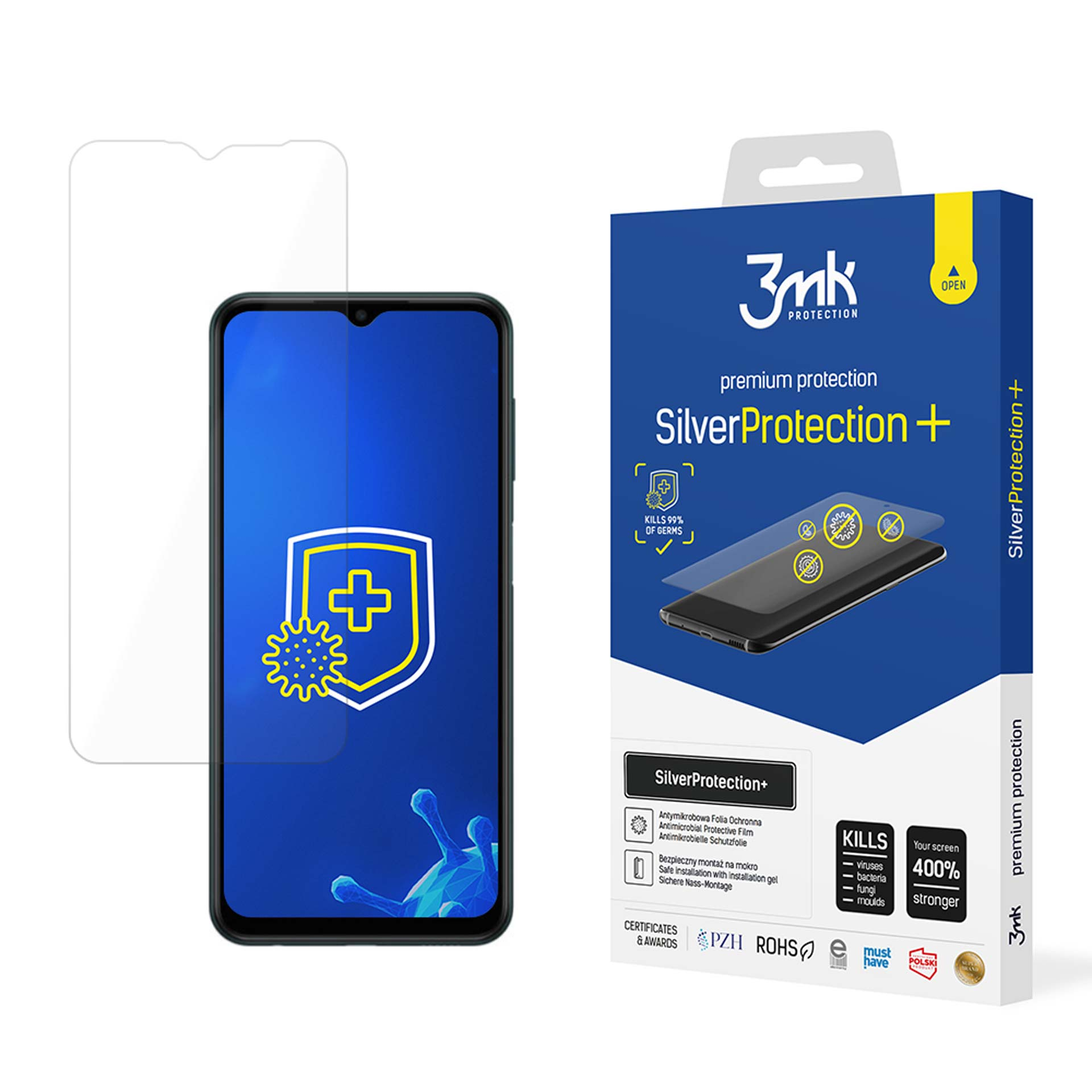Un proteggi schermo per telefono e una scatola. La scatola è blu con la scritta 'Silver Protection +'. Il telefono mostra un simbolo più.