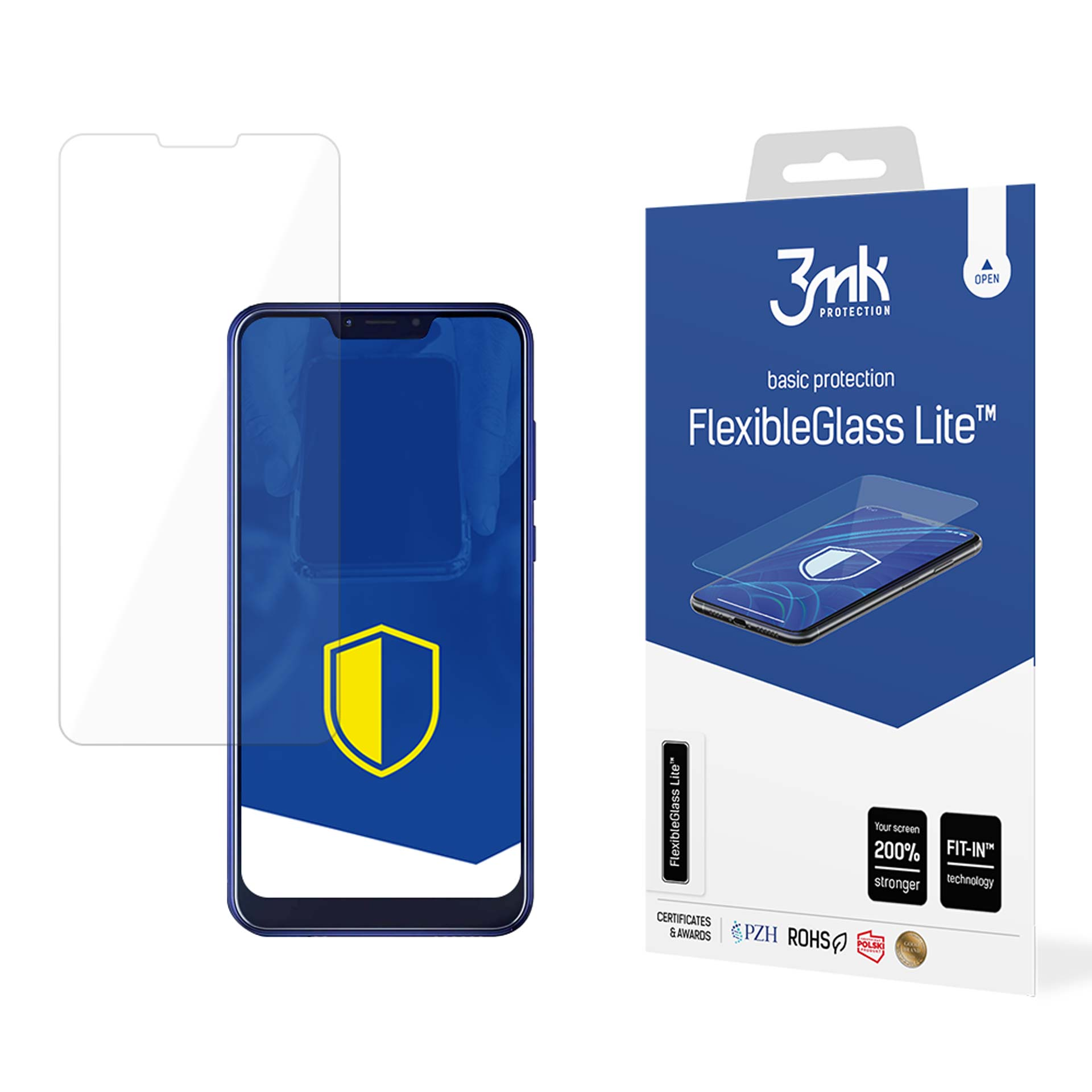 Un telefono con protezione schermo, confezionato con una scatola blu. La scatola ha il testo 'FlexibleGlass Lite'.