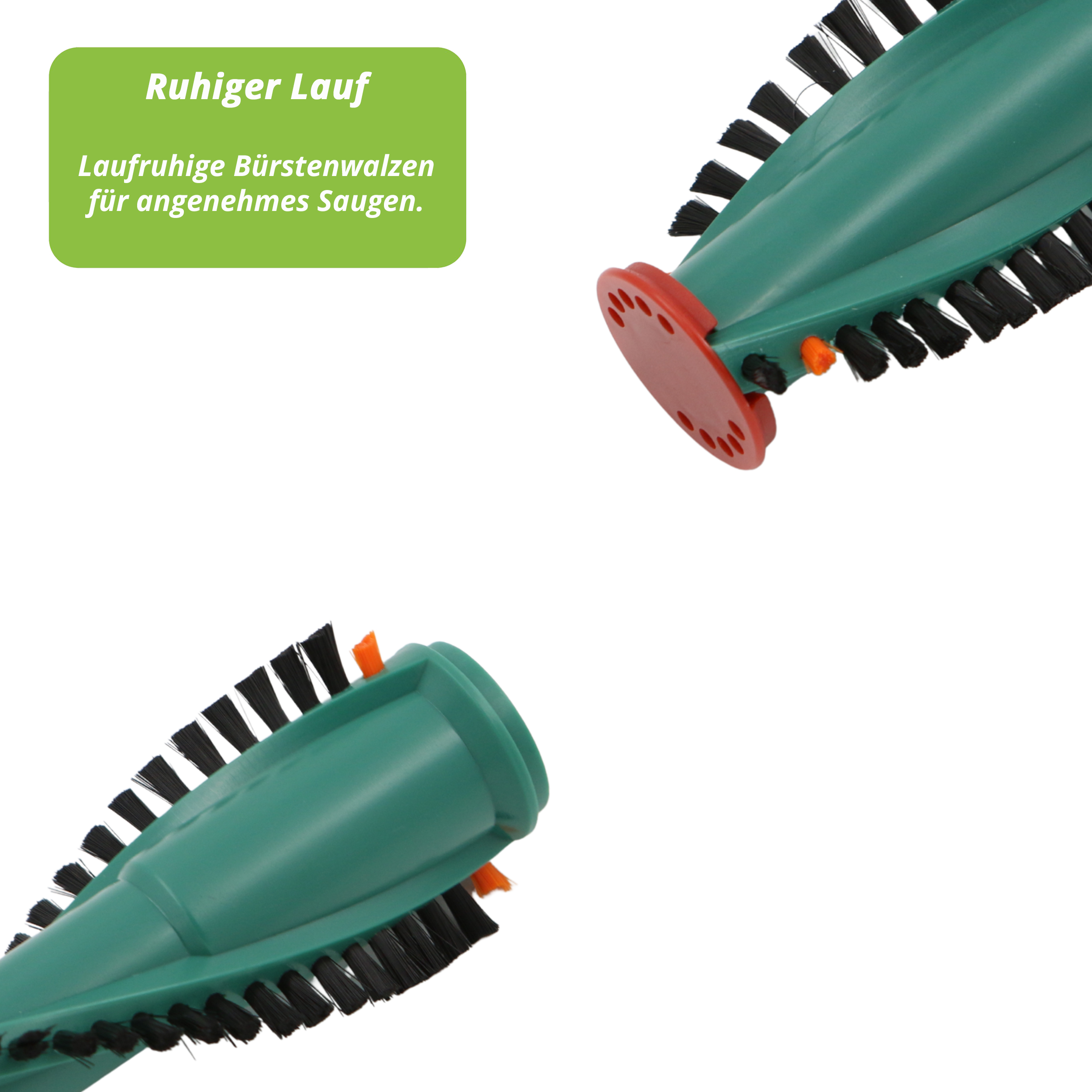 Staubsauger Bürstenköpfe. Grün mit schwarzen Borsten. Einer hat eine rote Basis. Text: 'Ruhiger Lauf für angenehmes Saugen'.