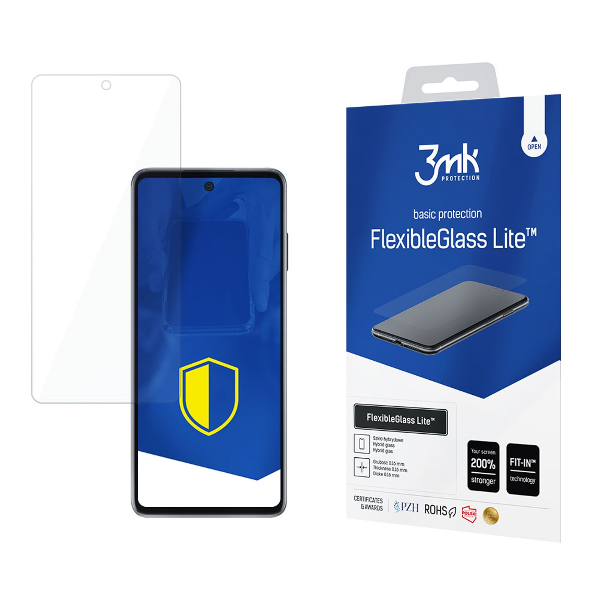 Un telefono e una protezione schermo sono esposti. La protezione è trasparente. L'imballaggio è blu e bianco.