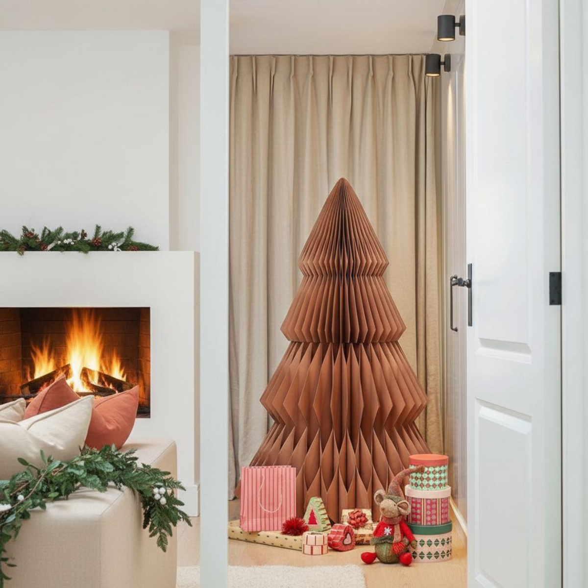 Een kamer met een open haard, een bank en een papieren kerstboom. Cadeaus en een speelgoedmuis zijn in de buurt.