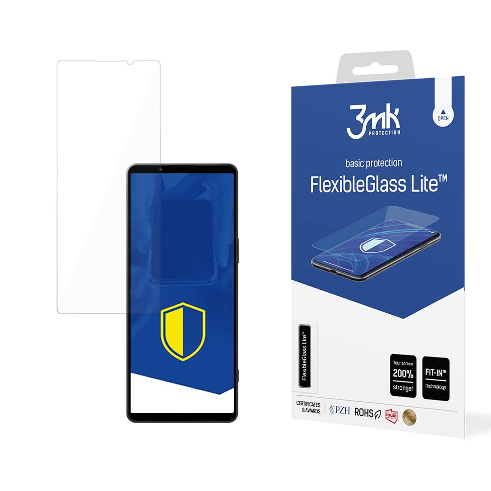 Un proteggi schermo e una scatola. Sulla scatola c'è scritto: FlexibleGlass Lite. Il telefono è al centro. La protezione è a sinistra.