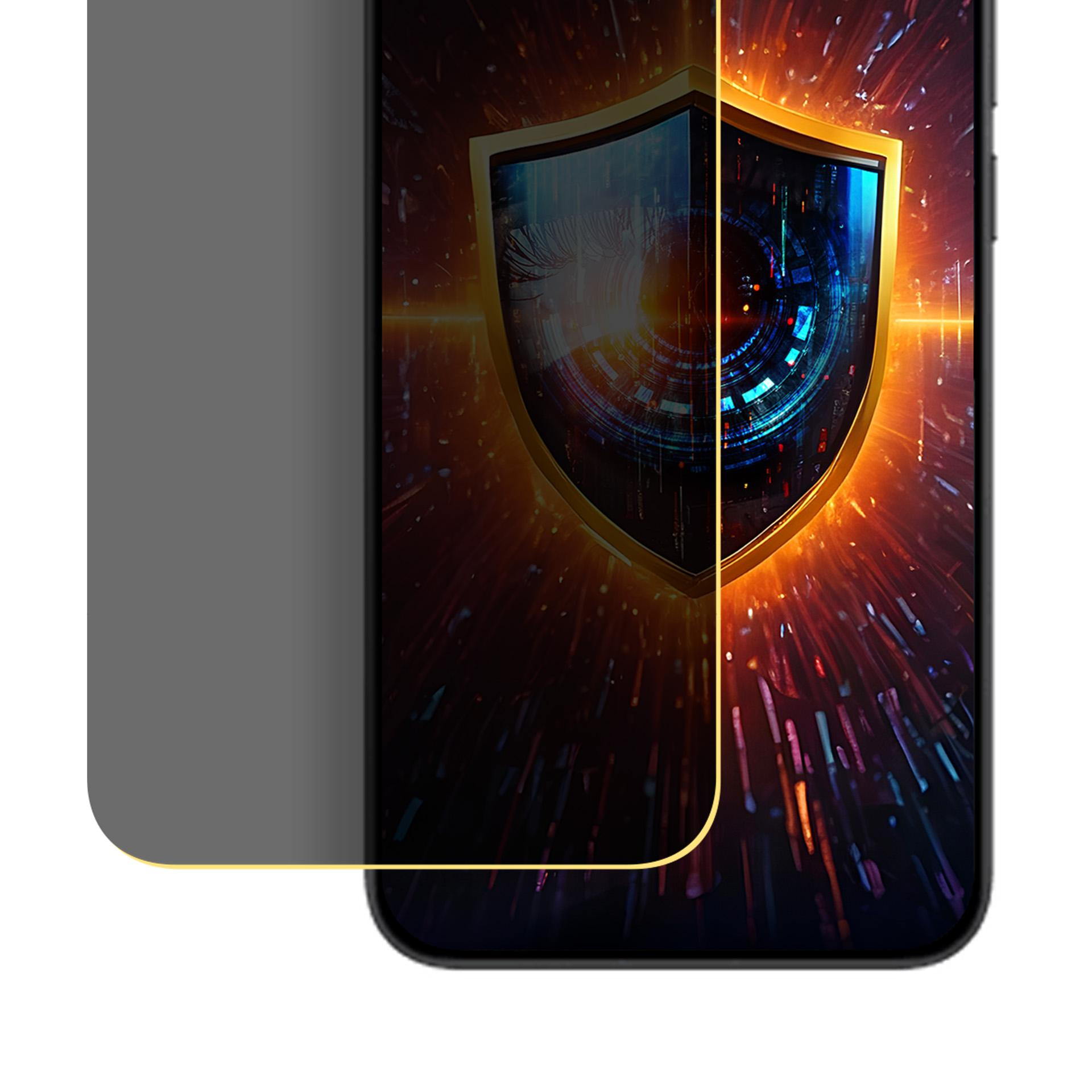 Un telefono con protezione schermo. Lo schermo mostra uno scudo con sfondo digitale.