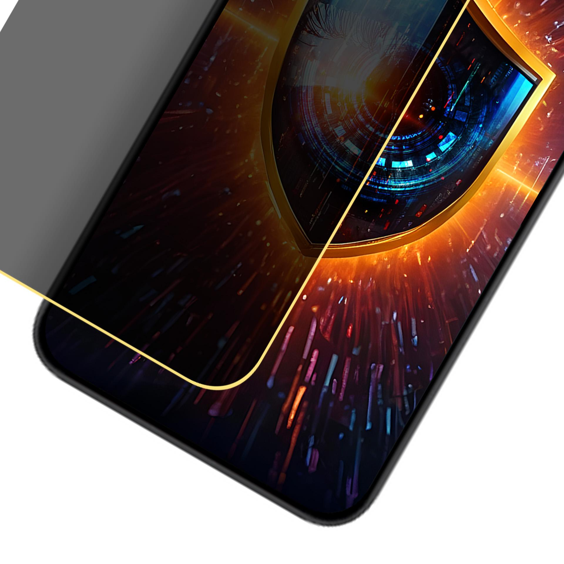 Schermo del telefono con design a scudo, cornice dorata e una protezione per la privacy scura. Lo sfondo ha un effetto infuocato e luminoso.