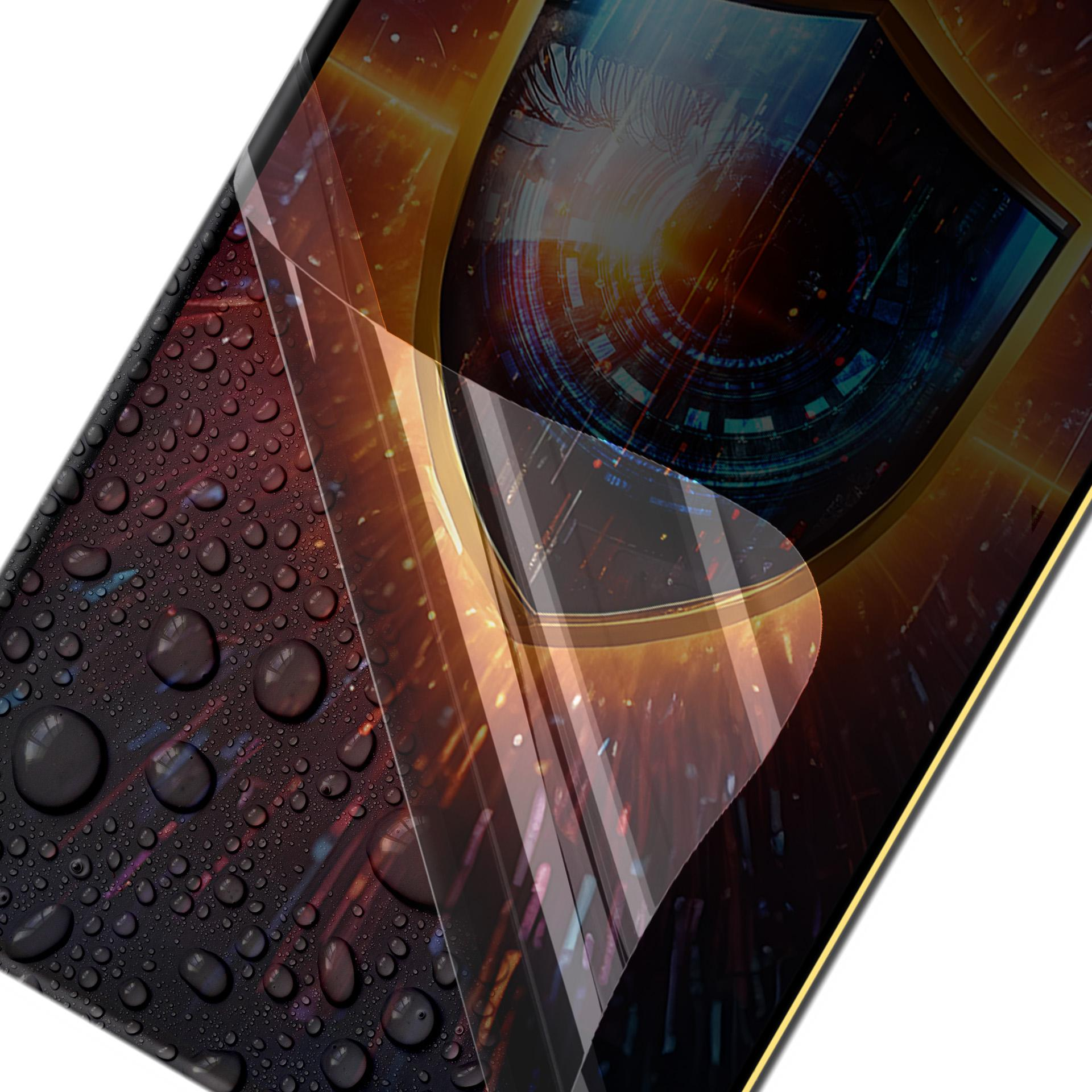 Schermo del telefono con gocce d'acqua. Design astratto dell'occhio digitale. Colori nero e oro. Futuristico e tecnologico.