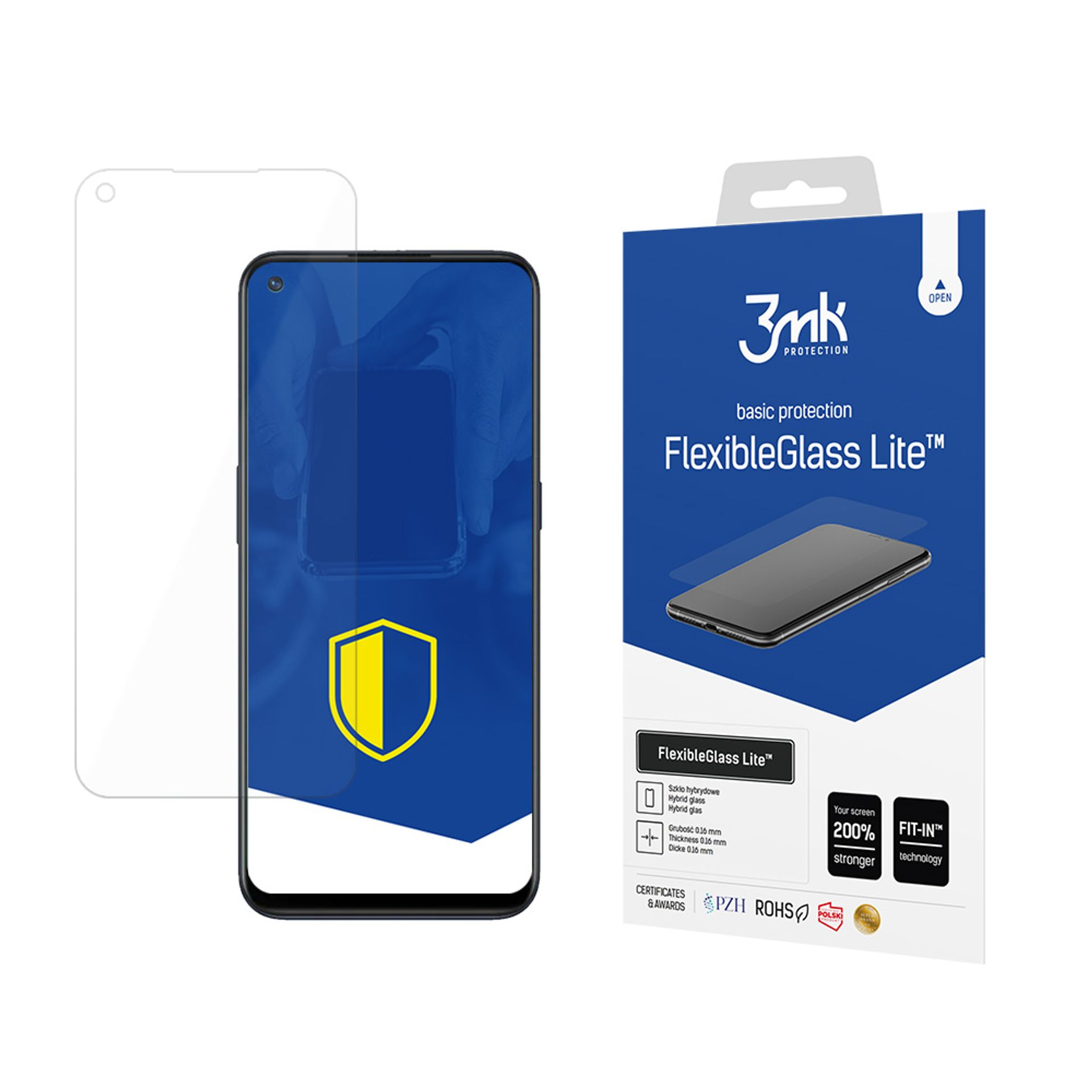 Un proteggi schermo, un telefono e una scatola blu con testo e loghi, che mostrano 'FlexibleGlass Lite'.