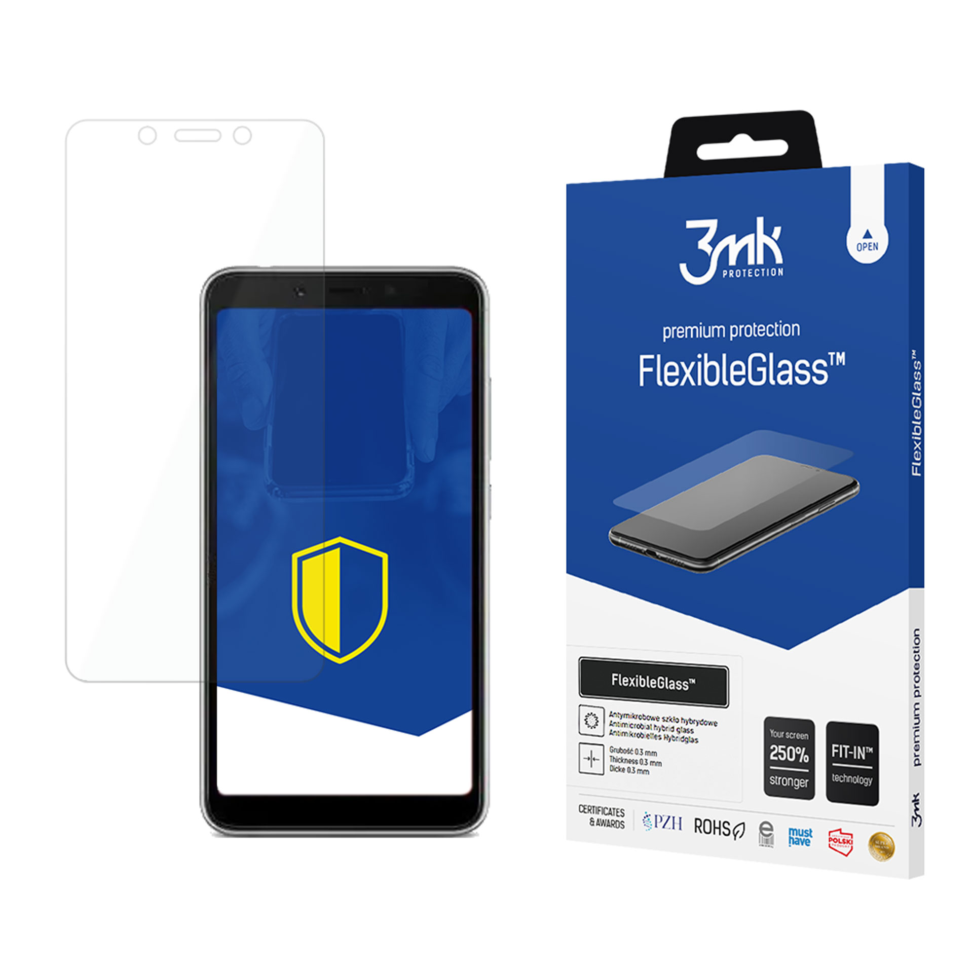 Un telefono con protezione schermo, una protezione schermo e una scatola blu e bianca di FlexibleGlass sono visibili.