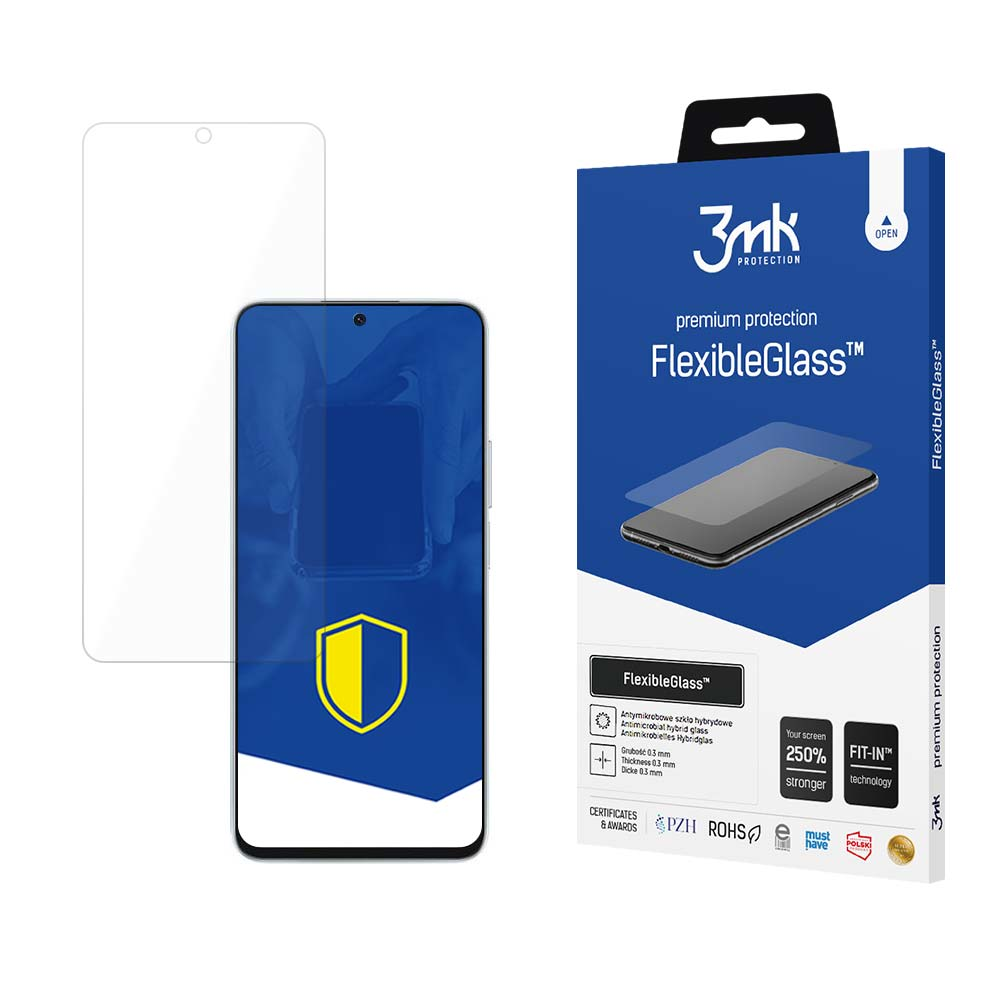 Un telefono con protezione schermo, scatola di FlexibleGlass, che mostra i dettagli del prodotto e il marchio 3mk.