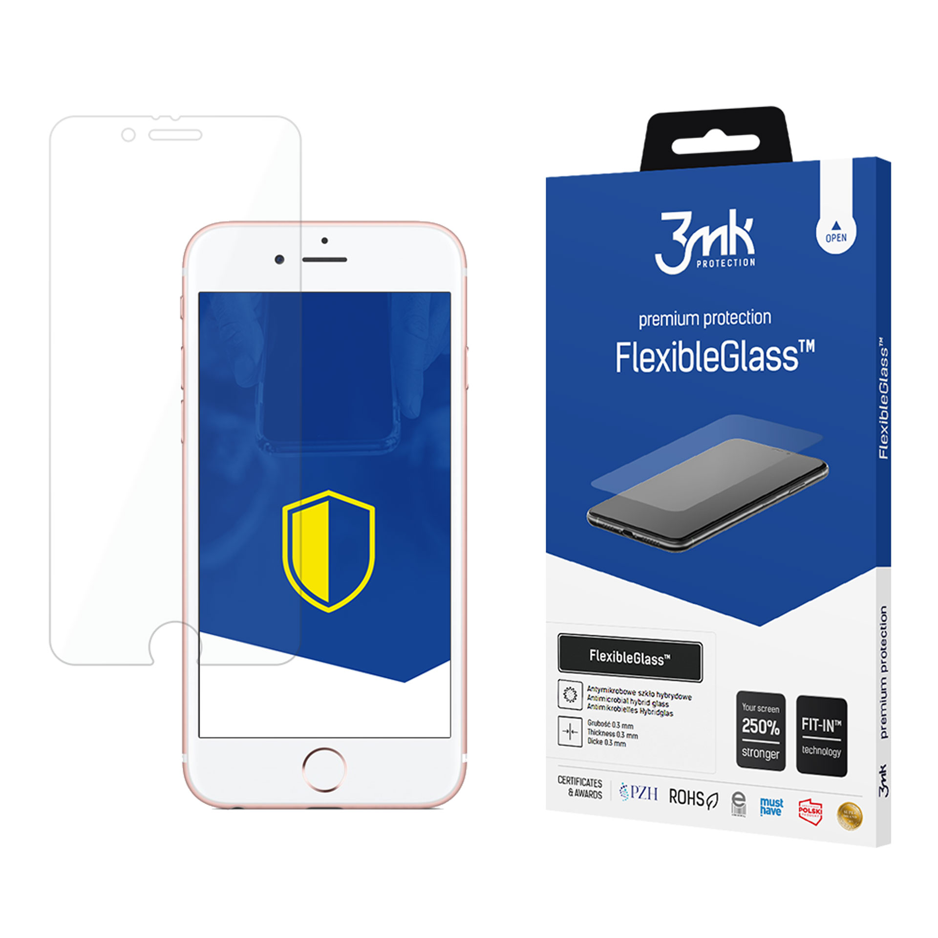 L'immagine mostra un telefono con una protezione per lo schermo e la confezione di protezione premium FlexibleGlass.