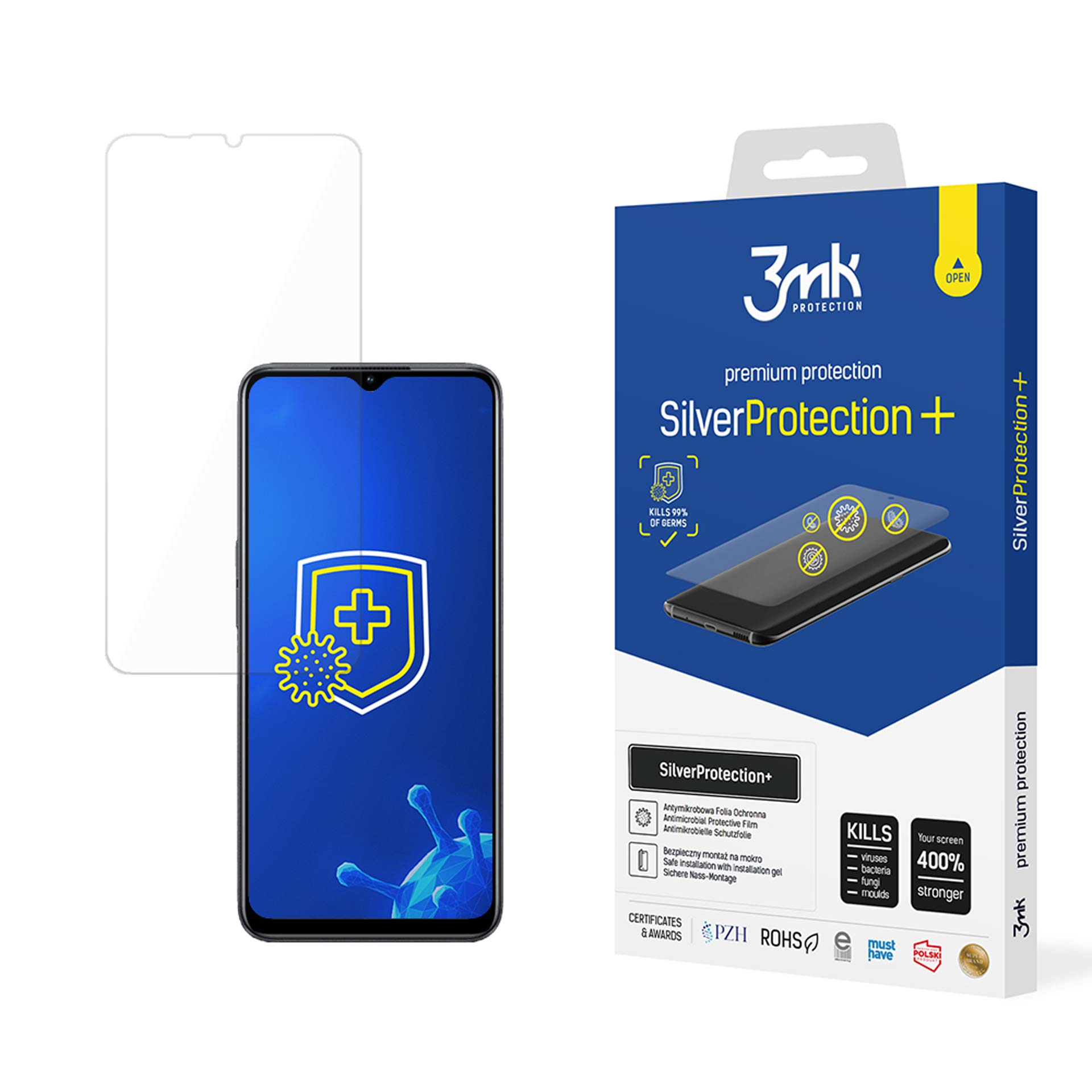 Una scatola di protezione per lo schermo del telefono e uno smartphone con protezione applicata. La scatola è blu con testo bianco.