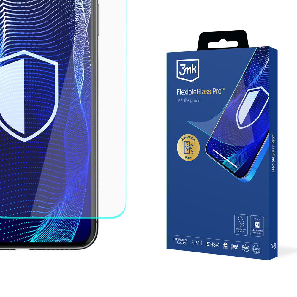 Una scatola di protezione per lo schermo del telefono e un telefono. La scatola è blu con il nome del prodotto. Il telefono ha un proteggi schermo applicato.
