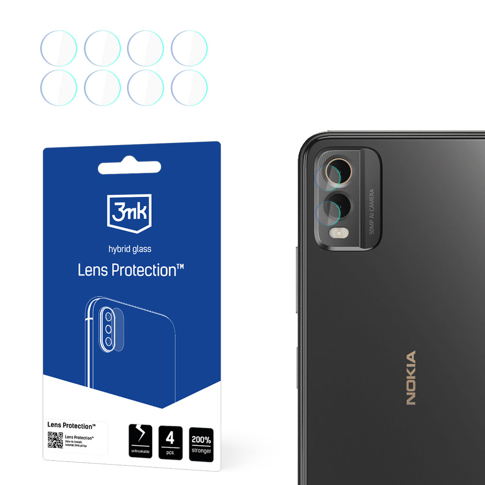 Un kit di protezione per lenti con un telefono, lenti e un pacchetto. Il pacchetto dice 'Lens Protection'. Il telefono ha un logo Nokia.