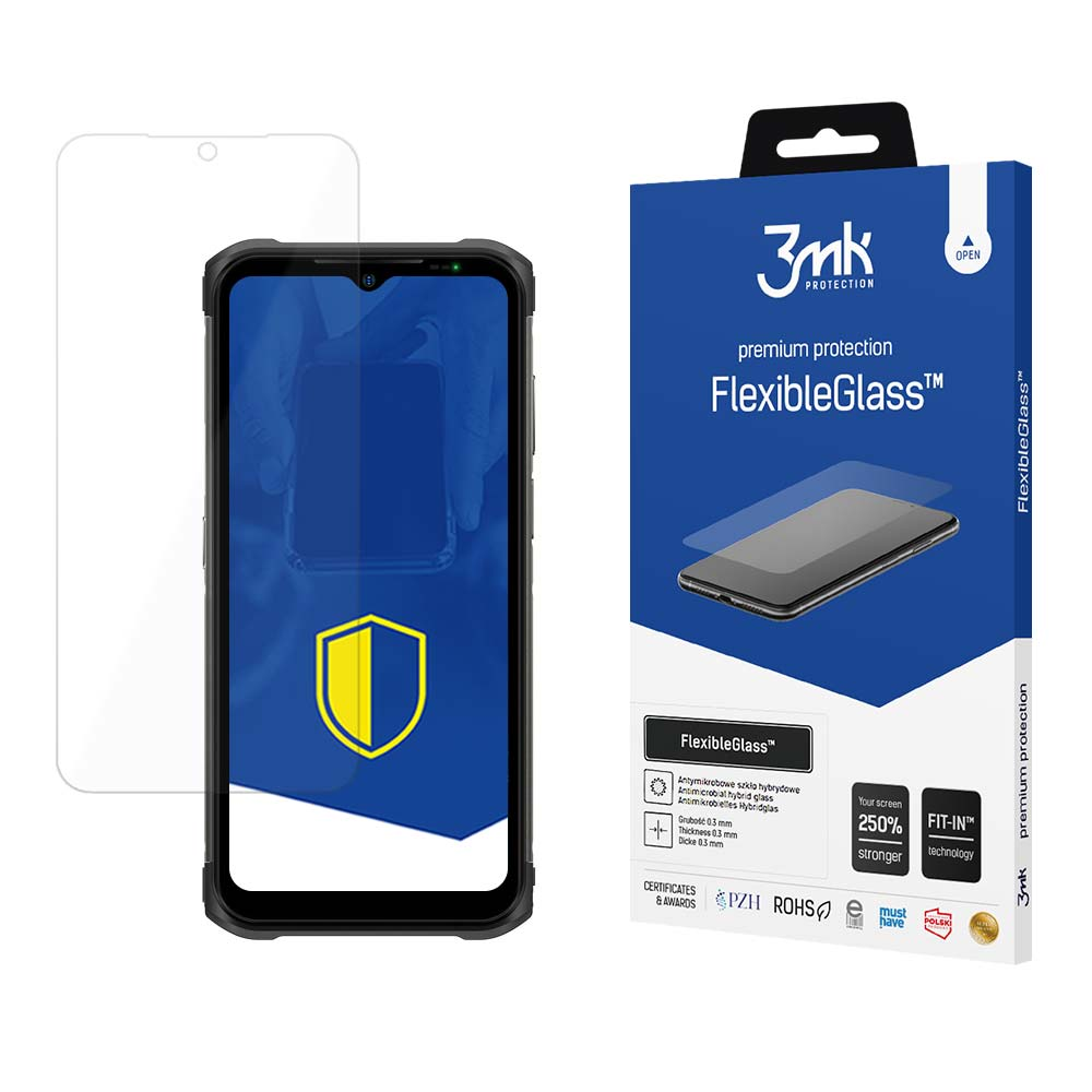 Un telefono con una protezione per lo schermo accanto alla confezione FlexibleGlass. La confezione è blu e ha il marchio 3mk.