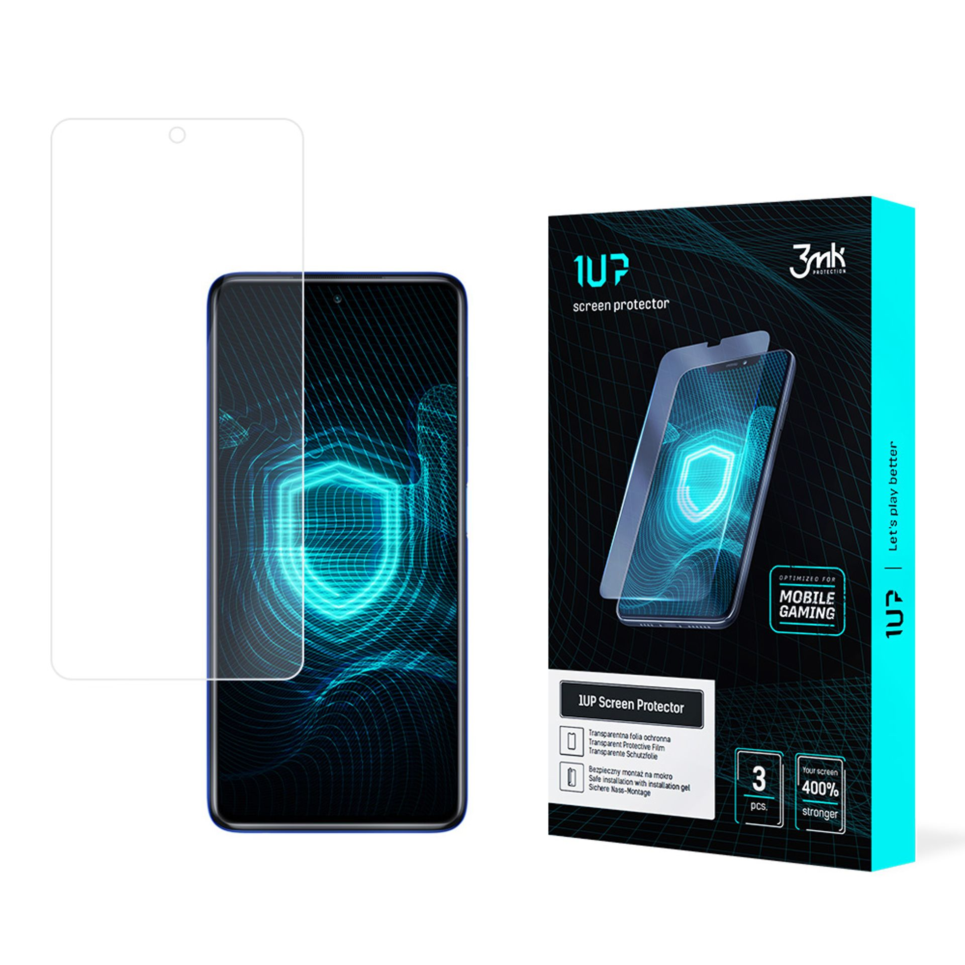 Un telefono con protezione schermo, scatola con immagine del telefono e testo '1UP screen protector'.