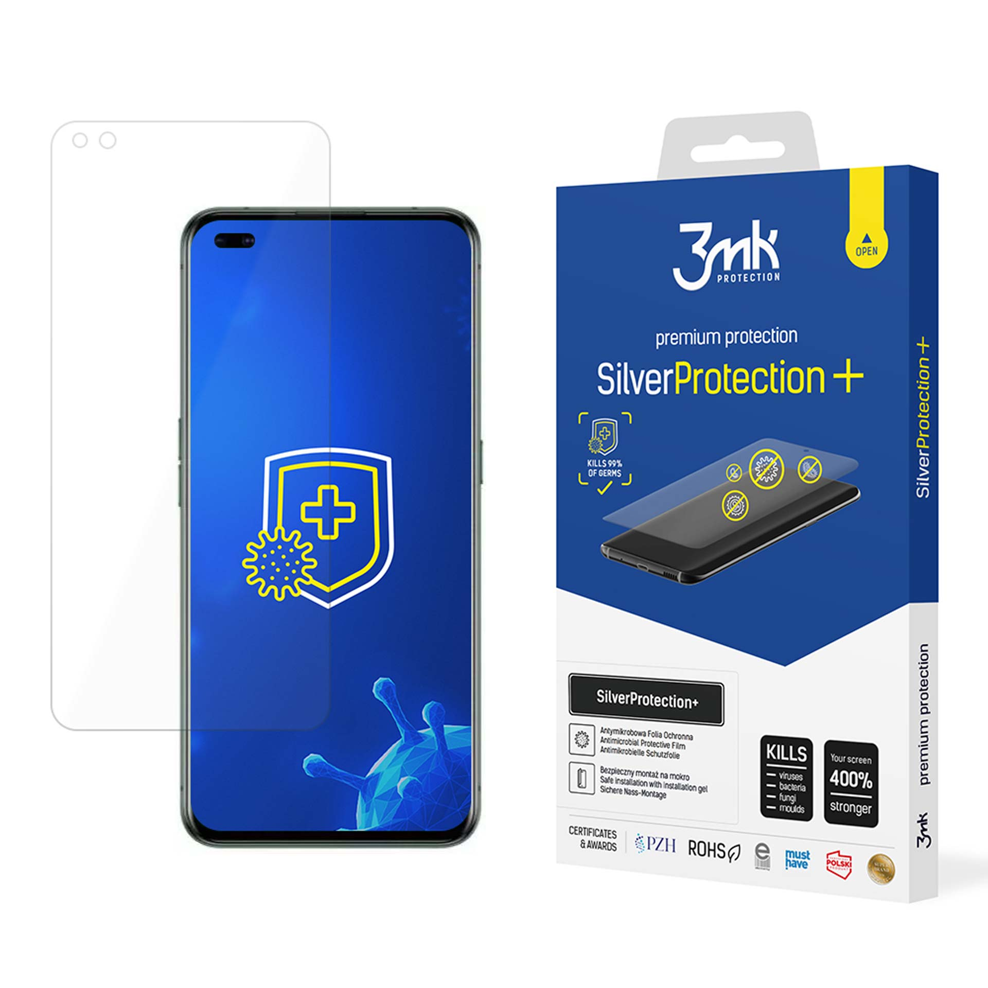 Una scatola per la protezione dello schermo del telefono e un telefono. La scatola ha un'immagine del telefono e la protezione è visibile.