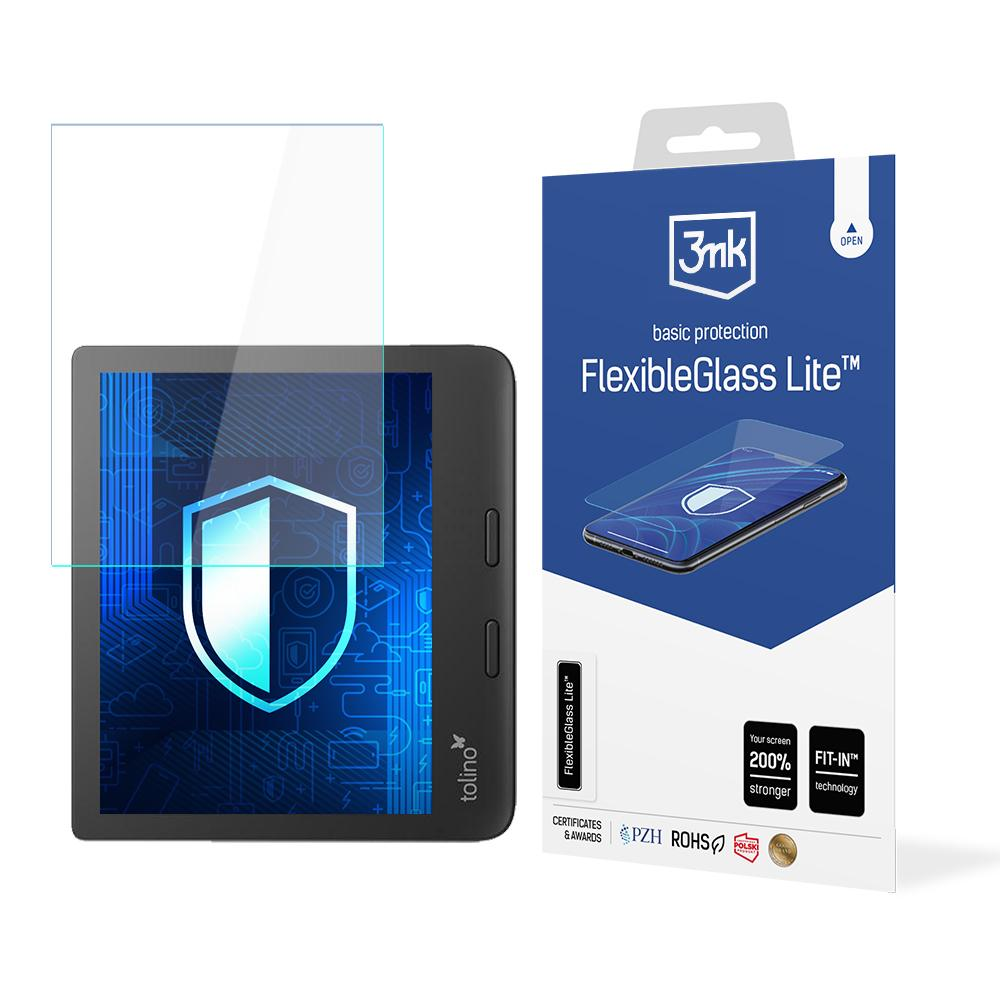 Un proteggi schermo, un tablet e una confezione sono esposti. Sulla confezione c'è scritto FlexibleGlass Lite e c'è l'immagine di un telefono.