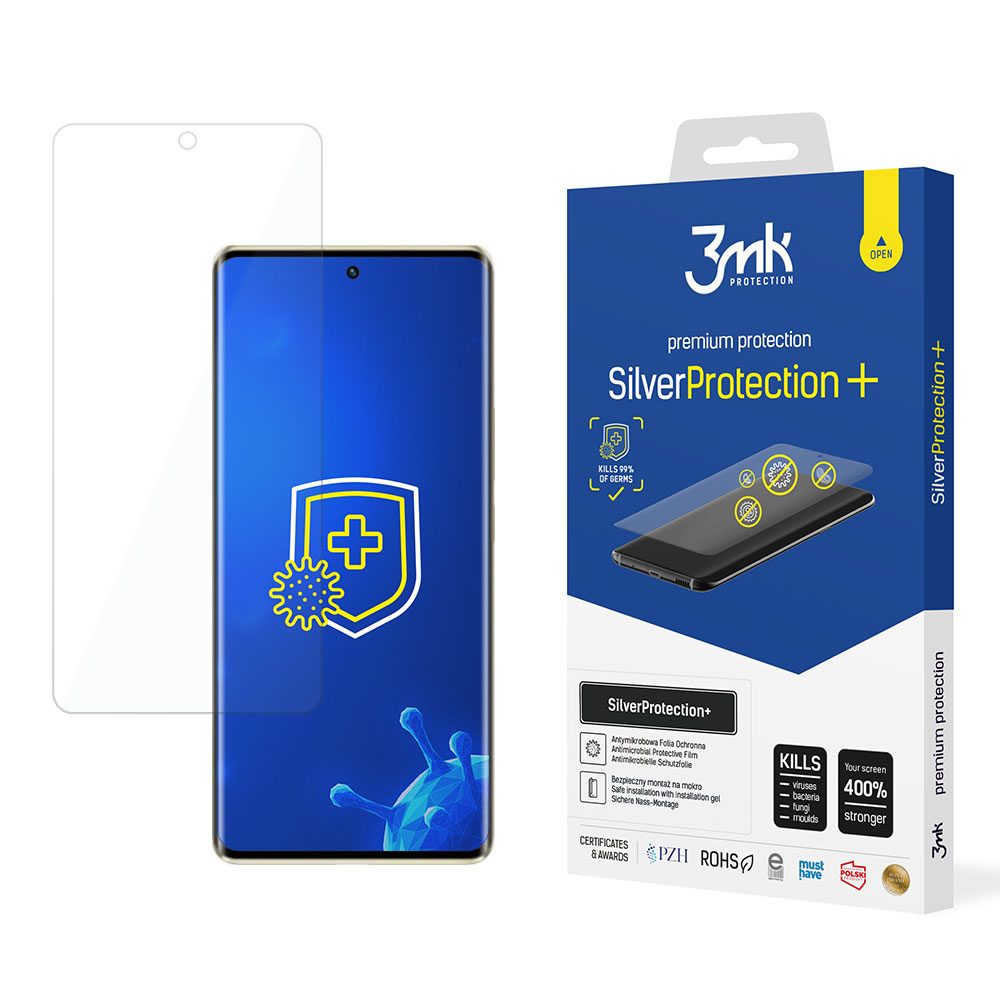 Un telefono con protezione schermo, una scatola di SilverProtection+ e una protezione schermo trasparente sono visibili.