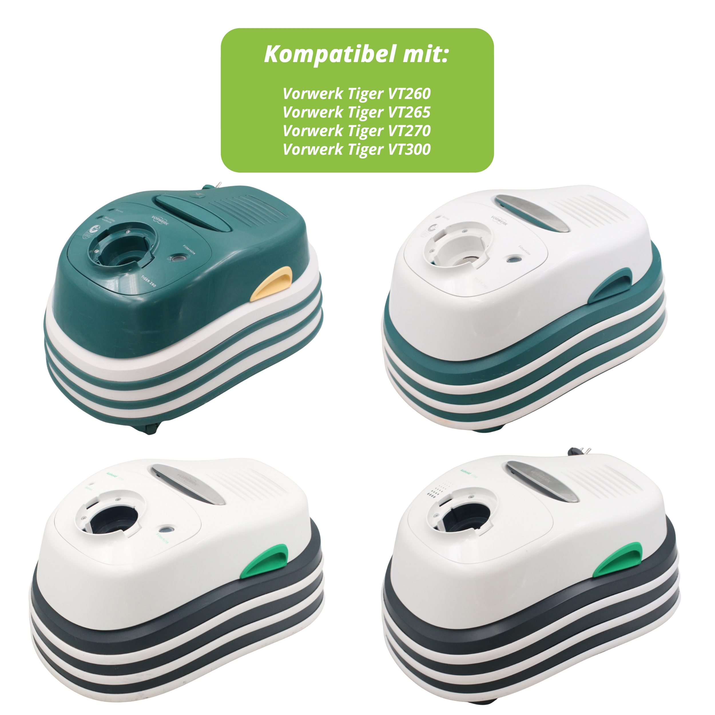 Das Bild zeigt vier Vorwerk Tiger Staubsaugerköpfe. Einer grün, drei weiß. Text: 'Kompatibel mit:' und Modellnummern.