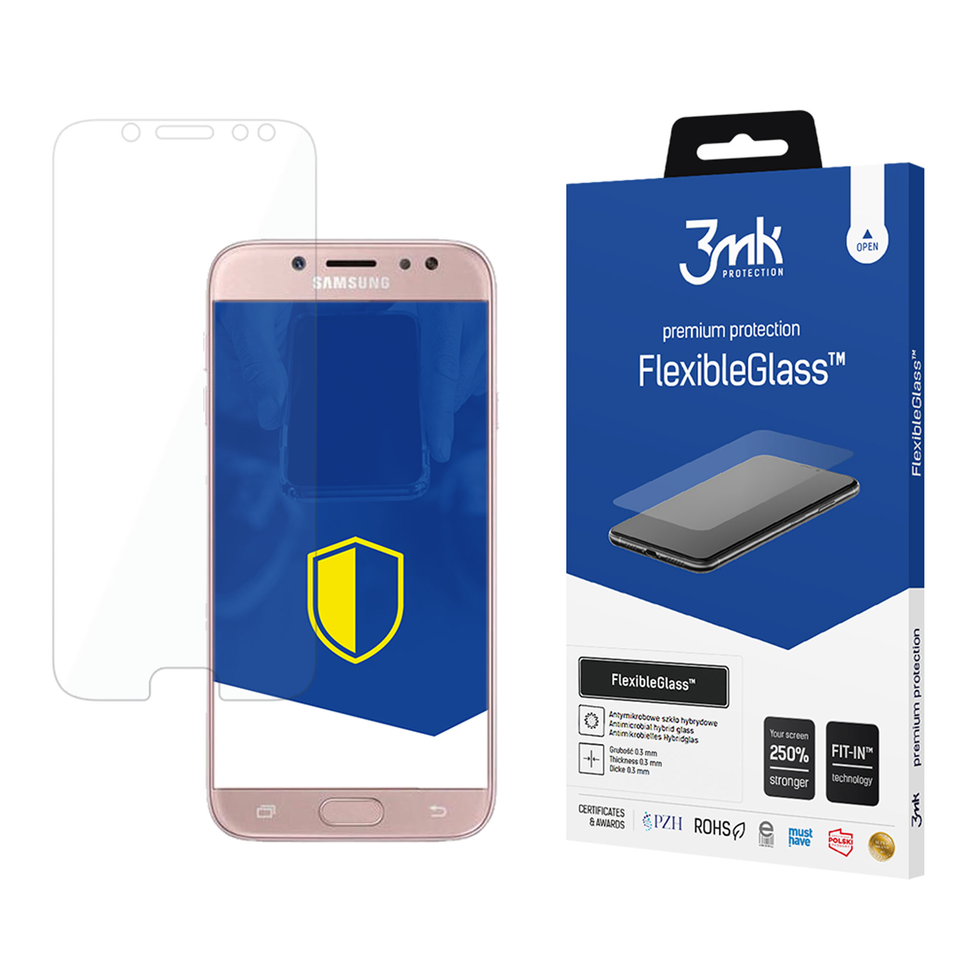 Un telefono con una protezione per lo schermo accanto a una scatola della stessa protezione. Il telefono è oro rosa.